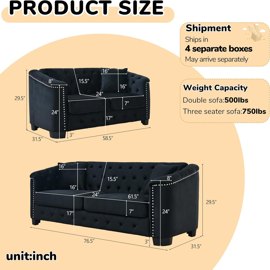 2 Piece Modern Chesterfield Velvet 77" 3-Seater + 59" Loveseat Sofa Set, Upholstered Tufted Backrests with 8" Nailhead Arms and 4 Cushions for Living Room (Black, 77" 3-Seater + 59" Loveseat Sofa Set)