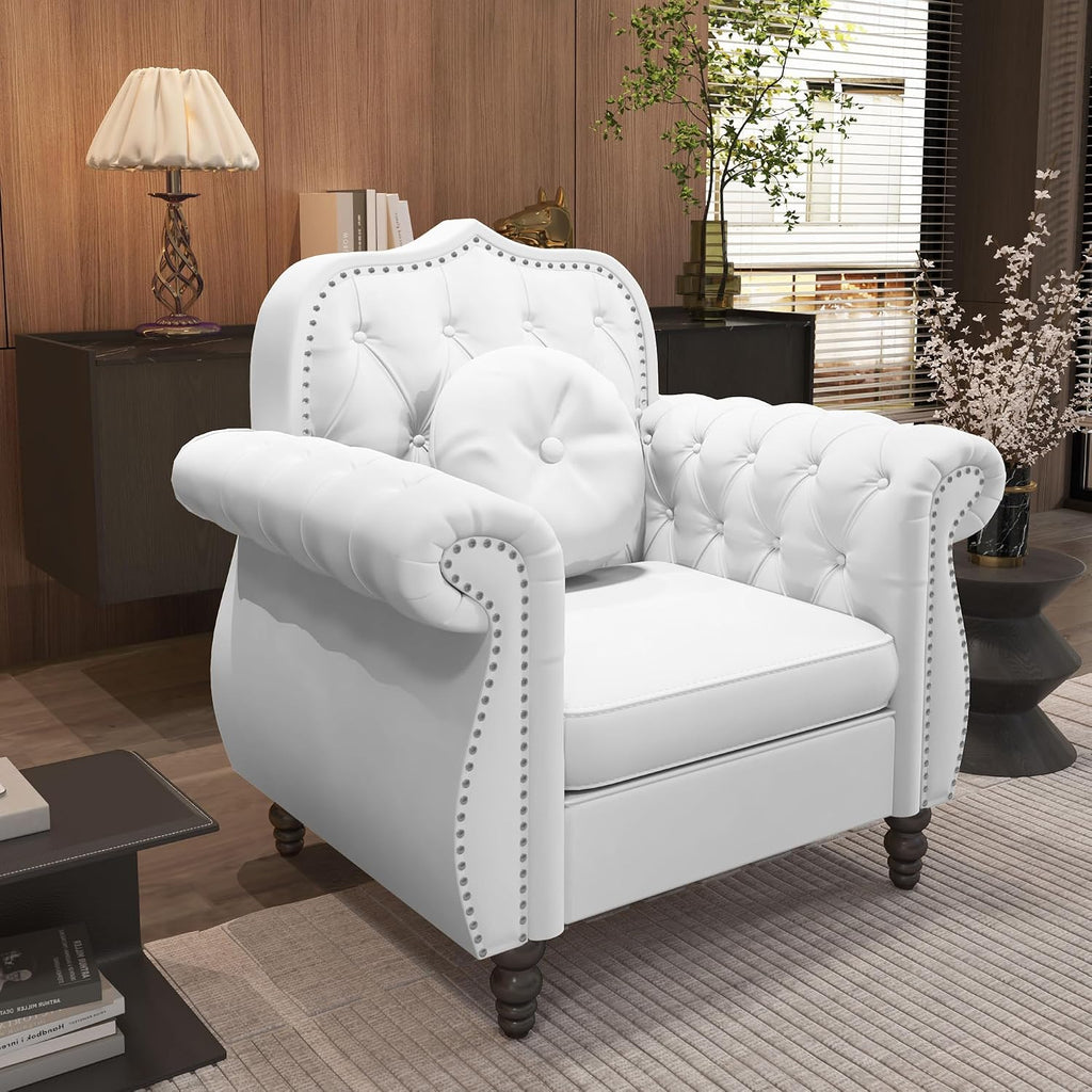 3-Piece Living Room Sectional Sofa Set, Mid-Century Modern Chesterfield Upholstered Velvet Sofa Couch, Classic Tufted Button White Couch with Nailhead Trim for Living Room, Office (White)