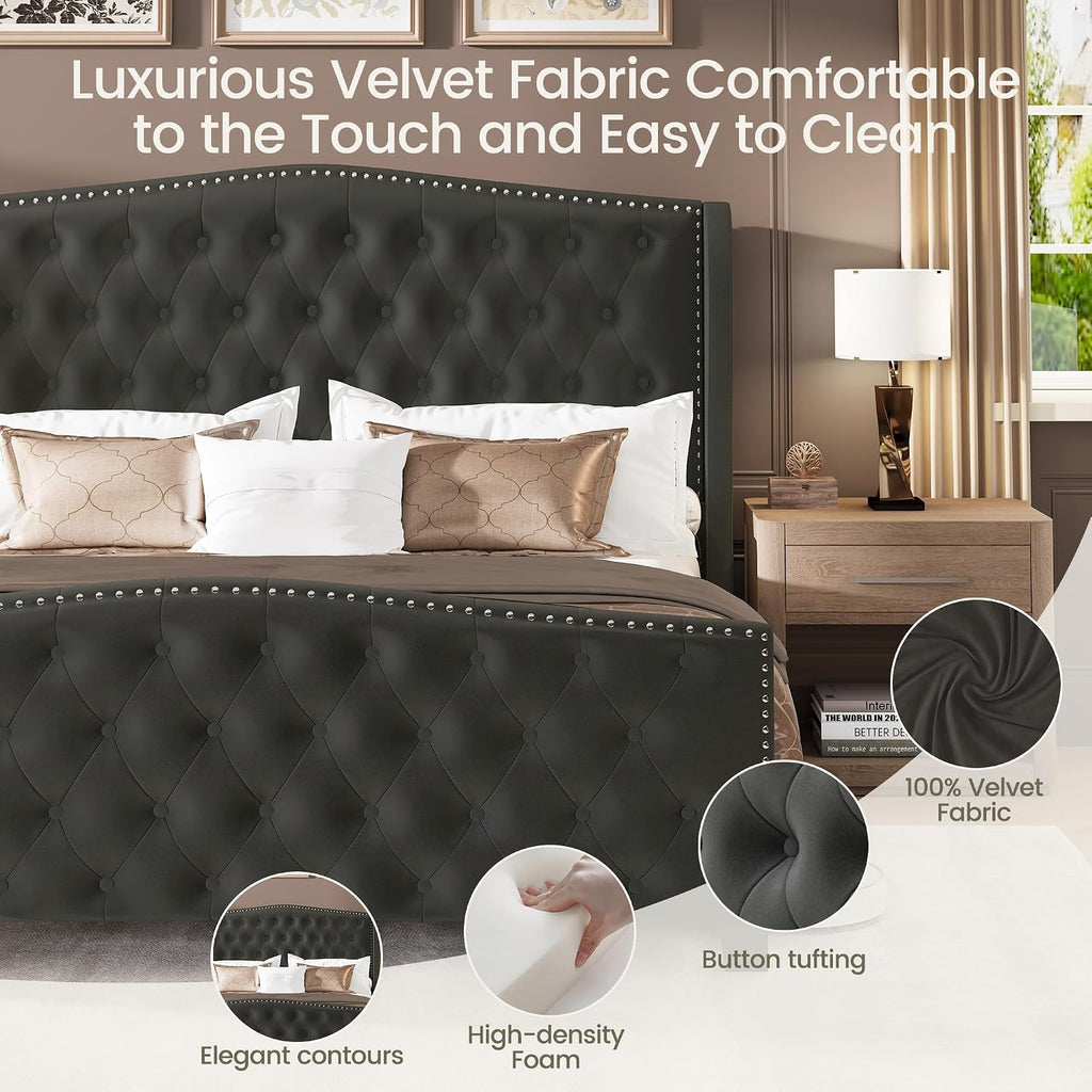 Queen Size Bed Frame Velvet Upholstered Platform Bed with Wingback Headboard & Footbaord, Deep Button Tufted Bed Frame with Wood Slats Support, No Box Spring Needed, Grey