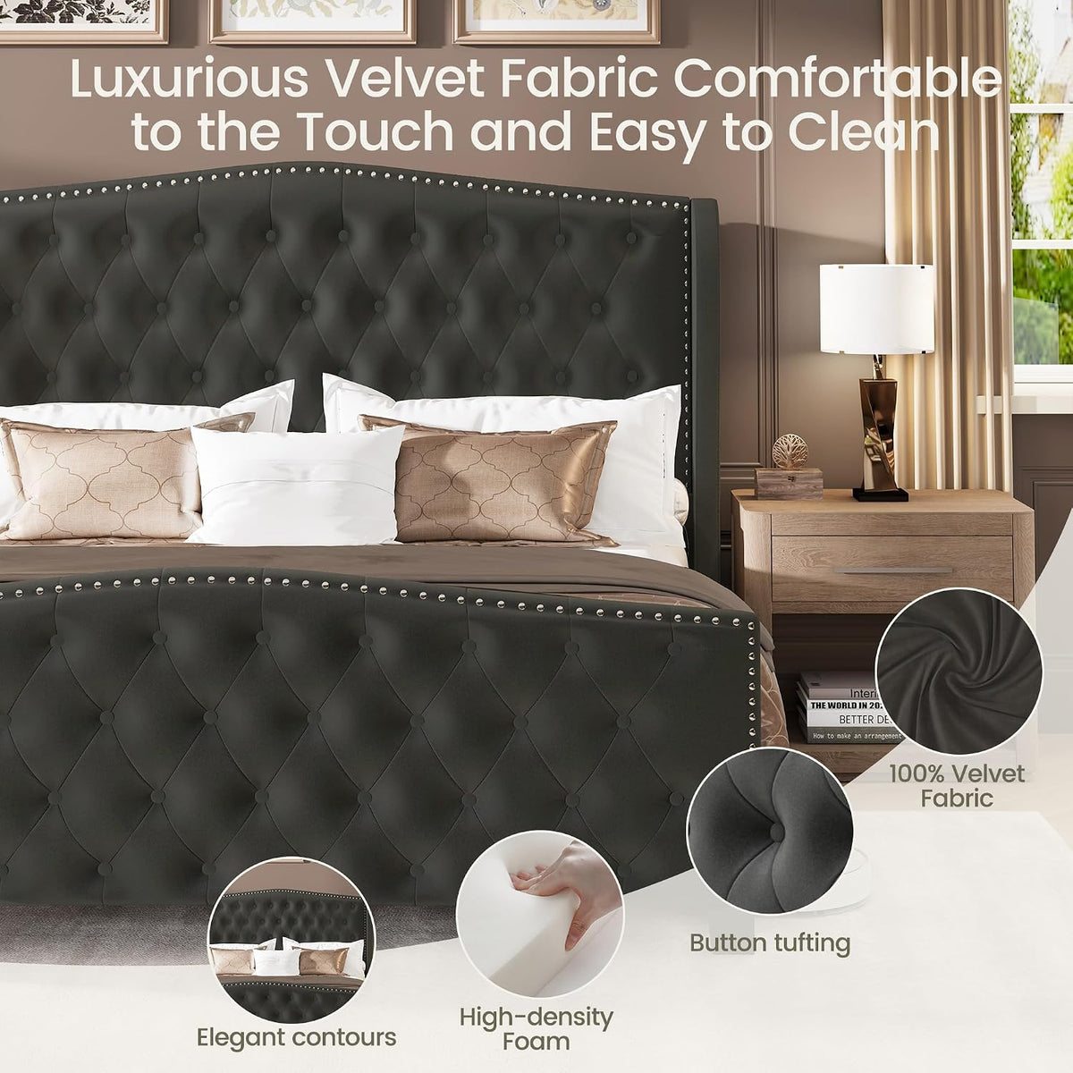 Queen Size Bed Frame Velvet Upholstered Platform Bed with Wingback Headboard & Footbaord, Deep Button Tufted Bed Frame with Wood Slats Support, No Box Spring Needed, Grey