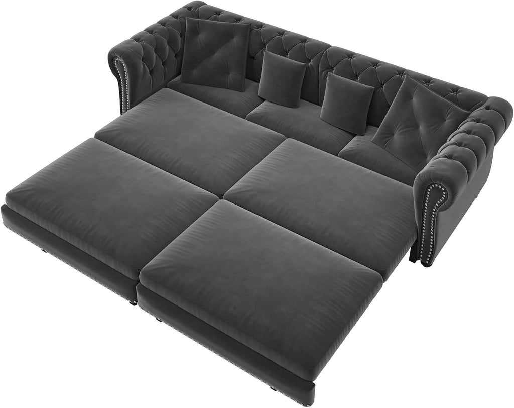 89" King Size Sleeper Sofa Bed, 3-In-1 Convertible Pull Out Chesterfield Sleeper Couch with Ottoman, Oversized Velvet Button Tufted L Shaped Sofa for Living Room Small Spaces, Grey