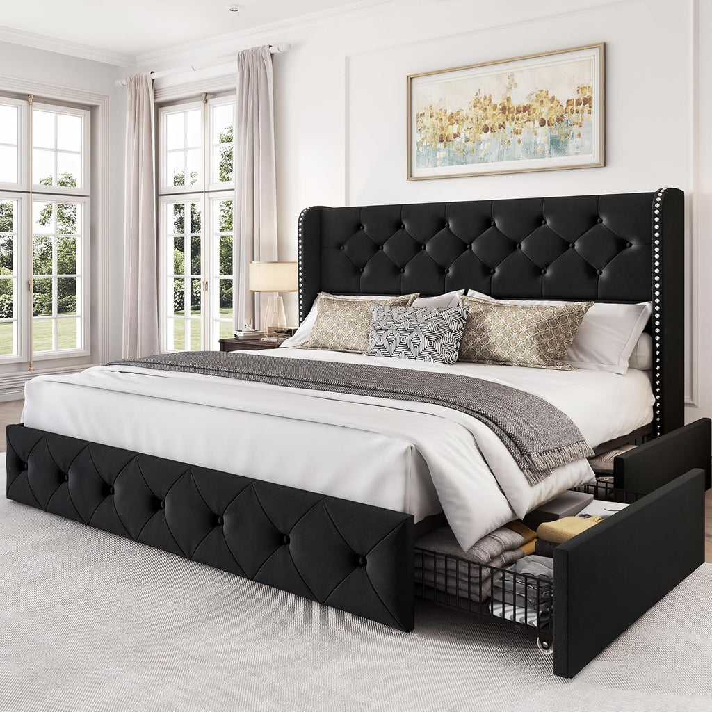 Queen Size Bed Frame with 4 Storage Drawers and 47.2" Tall Wingback Headboard Upholstered Platform Beds Velvet Tufted Bed Frame with Wooden Slats Support, Easy Assembly, Black