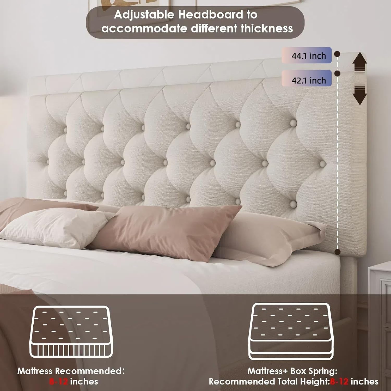 Queen Bed Frame with 4 Storage Drawers and Adjustable Headboard, Upholstered Platform Bed with Button Tufted Design, Strong Wooden Slats Support, No Box Spring Needed, Fabric, Cream