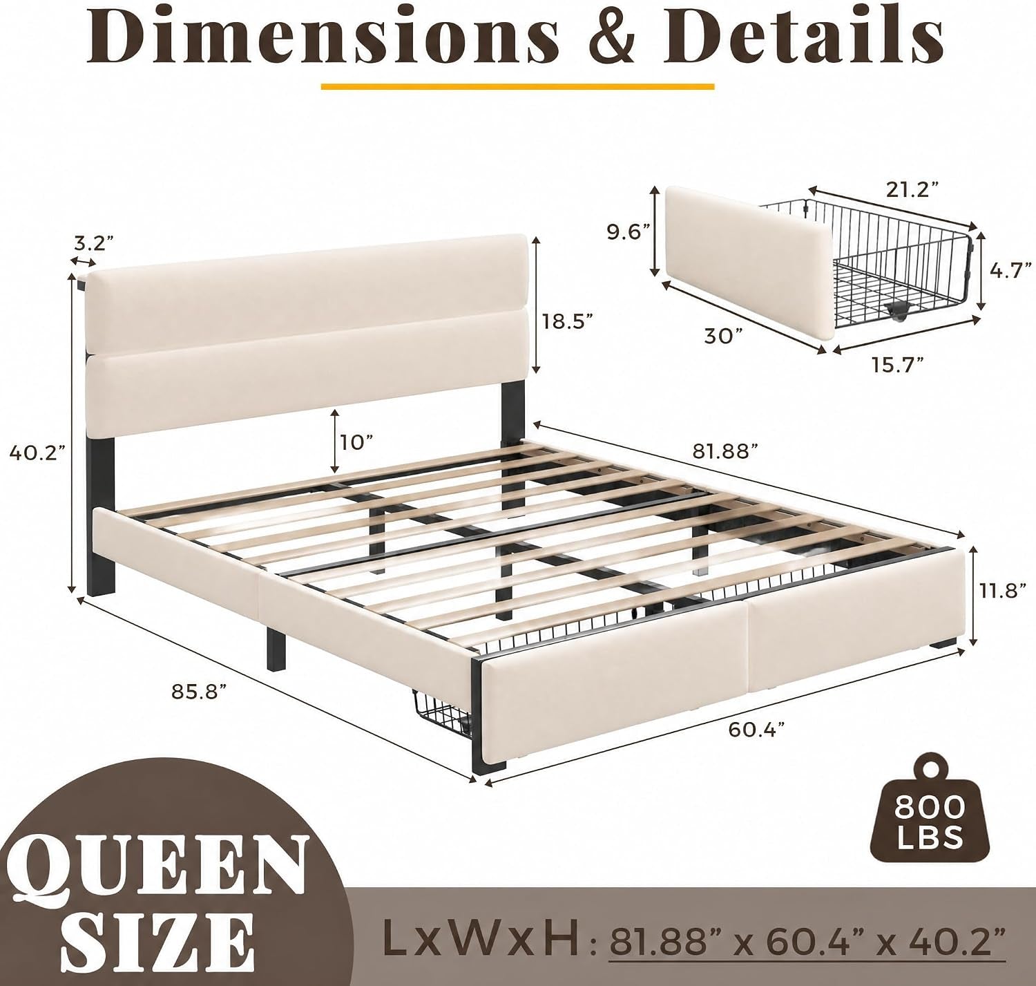 Queen Bed Frame with 2 Storage Drawers, Beige Velvet Upholstered