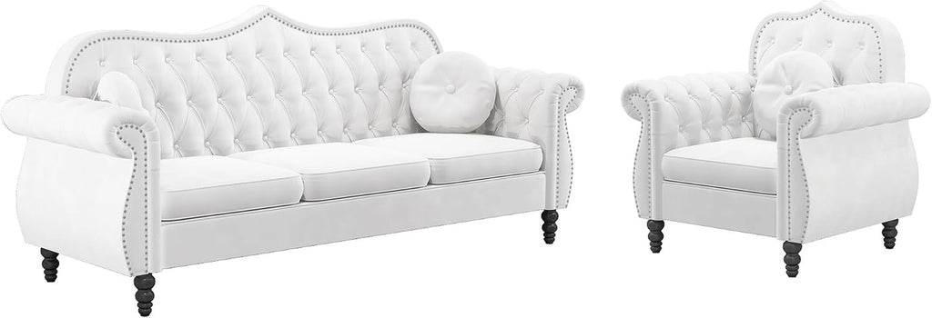 Chesterfield 2-Piece Living Room Sectional Sofa Set, Mid-Century Modern Upholstered Velvet Sofa Couch, Classic Tufted Button Sofa with Nailhead Trim for Living Room, Office (1+3 Seat White)