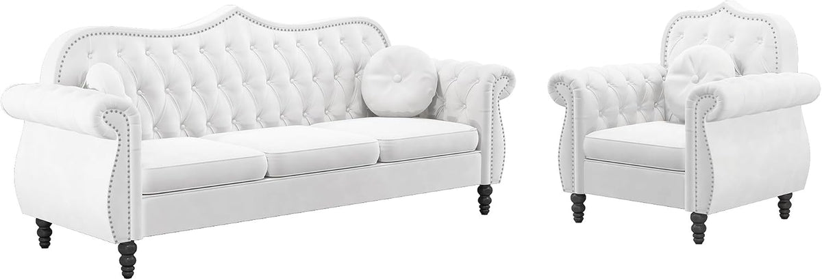Chesterfield 2-Piece Living Room Sectional Sofa Set, Mid-Century Modern Upholstered Velvet Sofa Couch, Classic Tufted Button Sofa with Nailhead Trim for Living Room, Office (1+3 Seat White)