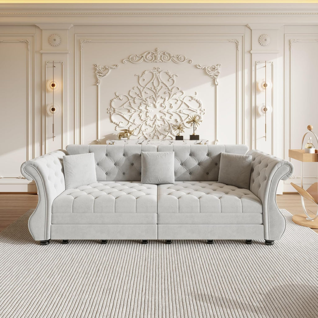 Sleeper Sofa Bed 97.6", Velvet Pull Out Couch, Chesterfield Sofa, Gray