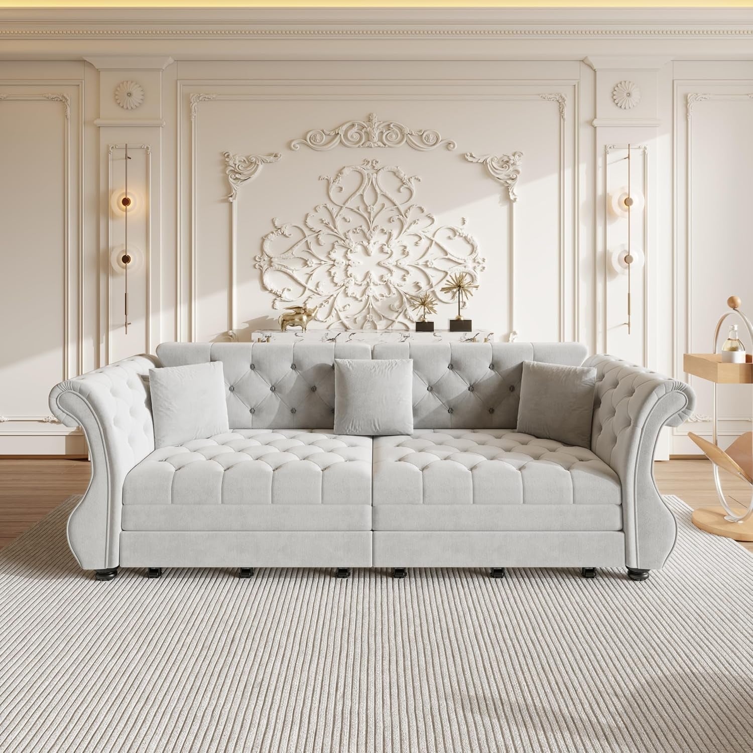 Sleeper Sofa Bed 97.6", Velvet Pull Out Couch, Chesterfield Sofa, Gray