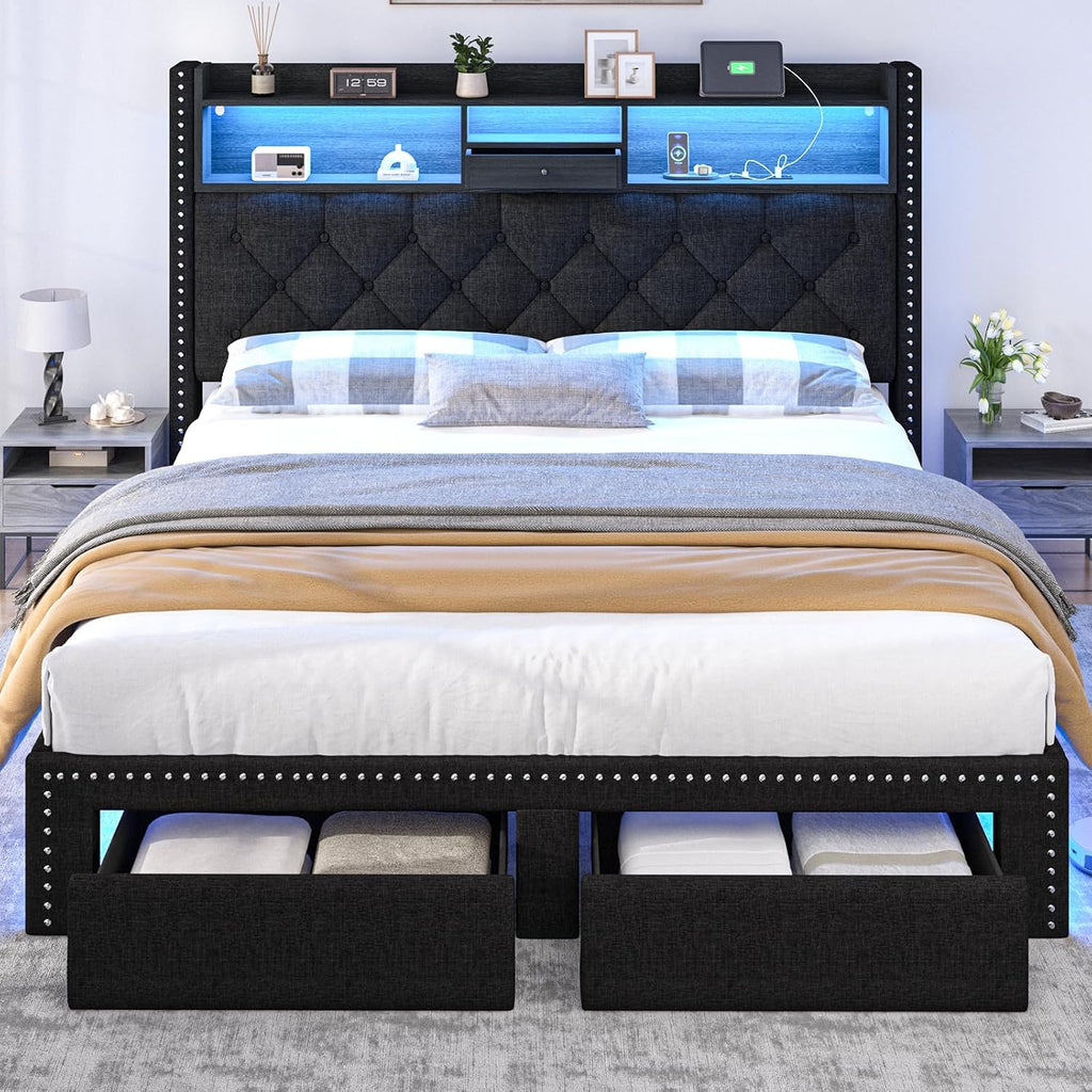 Queen Size Bed Frame, Linen Storage Headboard with LED Light & Charging Station, Upholstered Platform Bed with 2 Storage Drawers, Steel Slats Support, No Box Spring Needed, Black