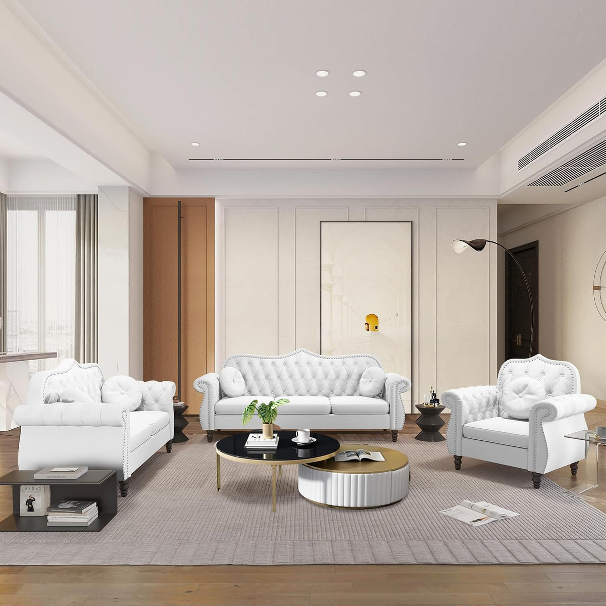 3-Piece Living Room Sectional Sofa Set, Mid-Century Modern Chesterfield Upholstered Velvet Sofa Couch, Classic Tufted Button White Couch with Nailhead Trim for Living Room, Office (White)