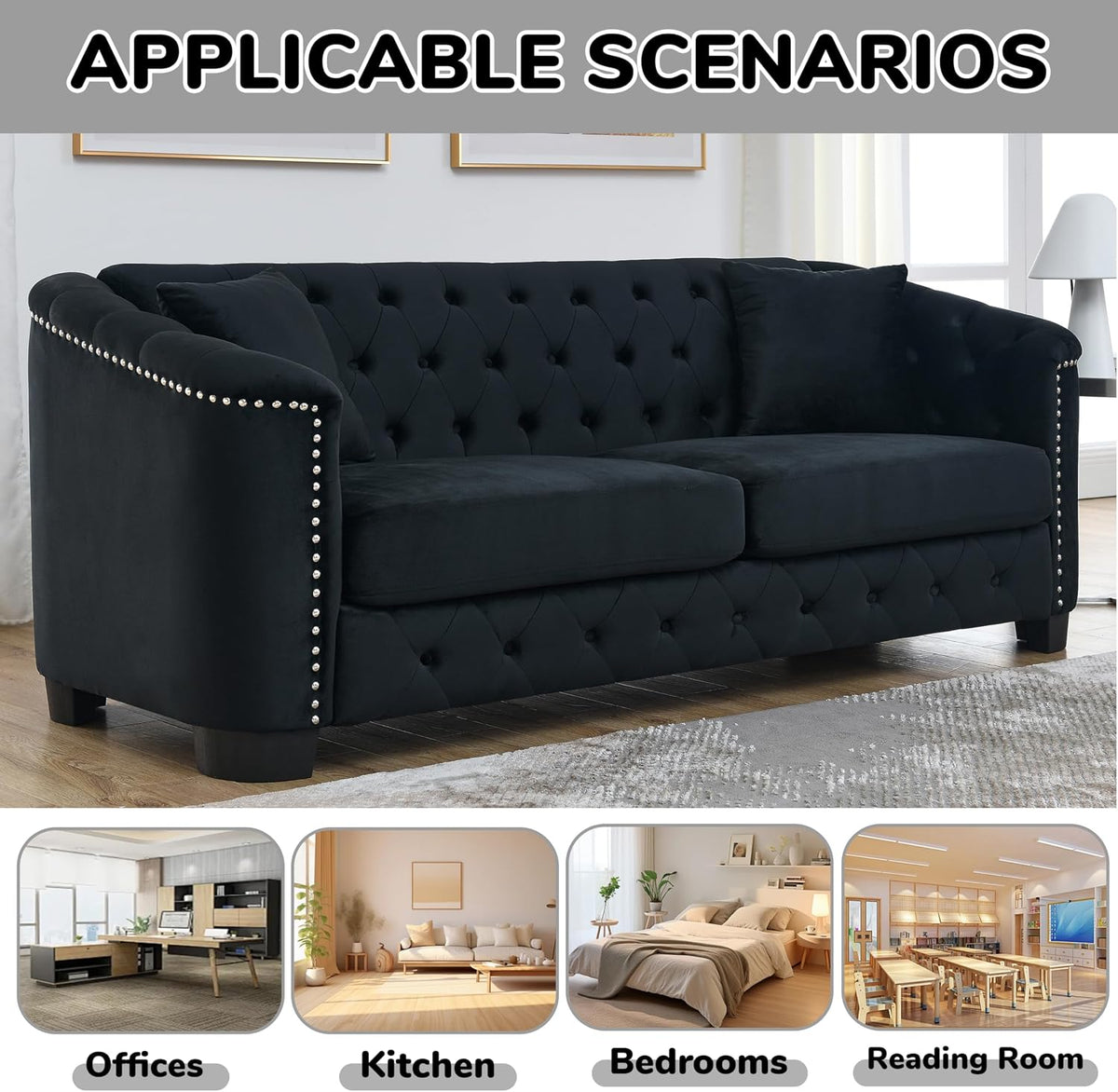 2 Piece Modern Chesterfield Velvet 77" 3-Seater + 59" Loveseat Sofa Set, Upholstered Tufted Backrests with 8" Nailhead Arms and 4 Cushions for Living Room (Black, 77" 3-Seater + 59" Loveseat Sofa Set)