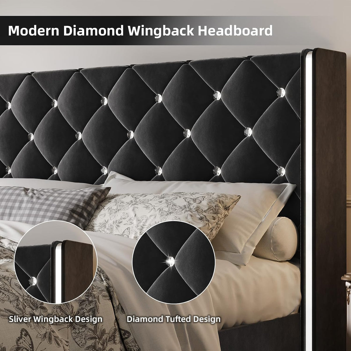 Queen Bed Frame with Silverside Wingback Headboard, Black