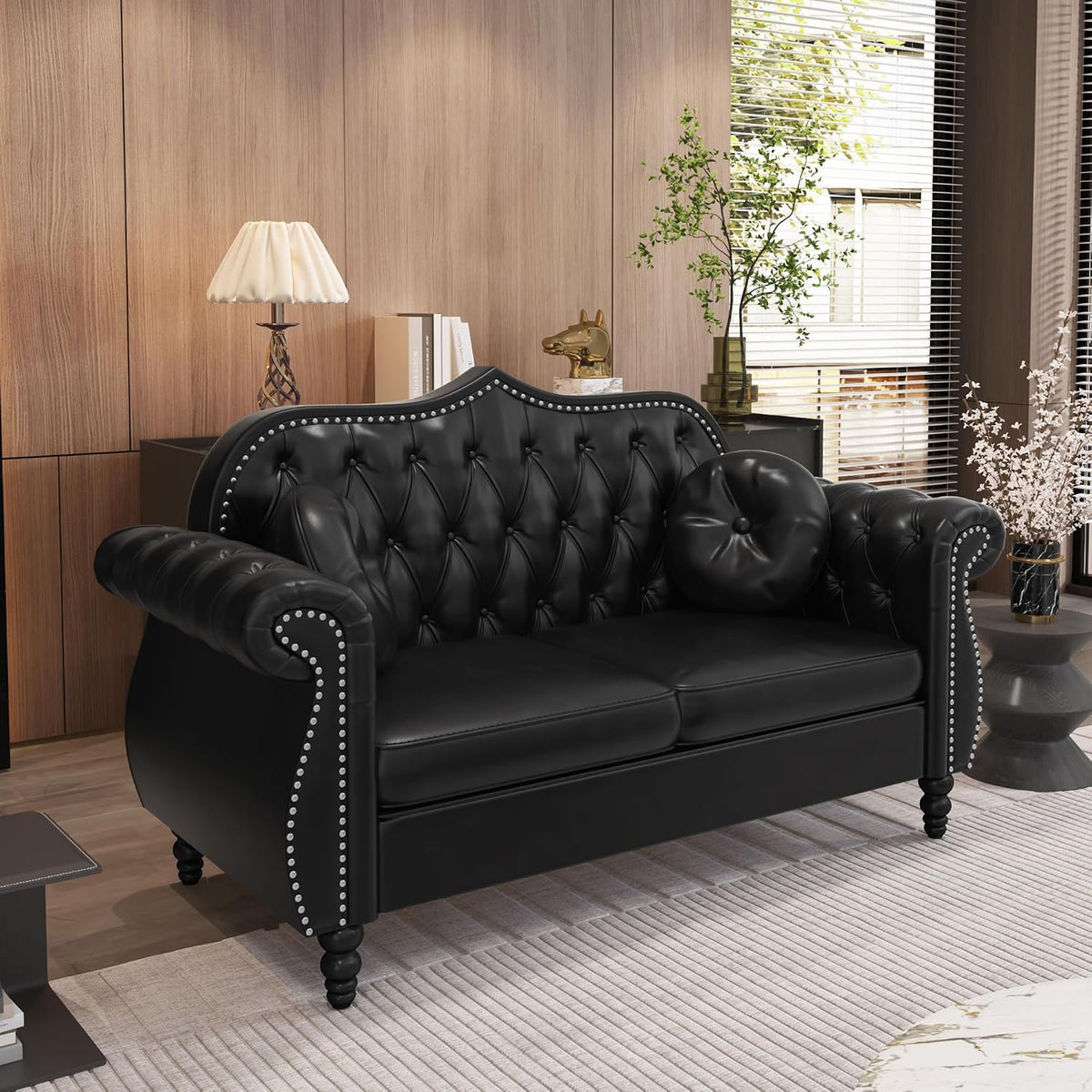 Chesterfield 3-Piece Living Room Sectional Sofa Set, Mid-Century Modern Upholstered PU Sofa Couch, Classic Tufted Button Sofa with Nailhead Trim for Living Room, Office (Black)