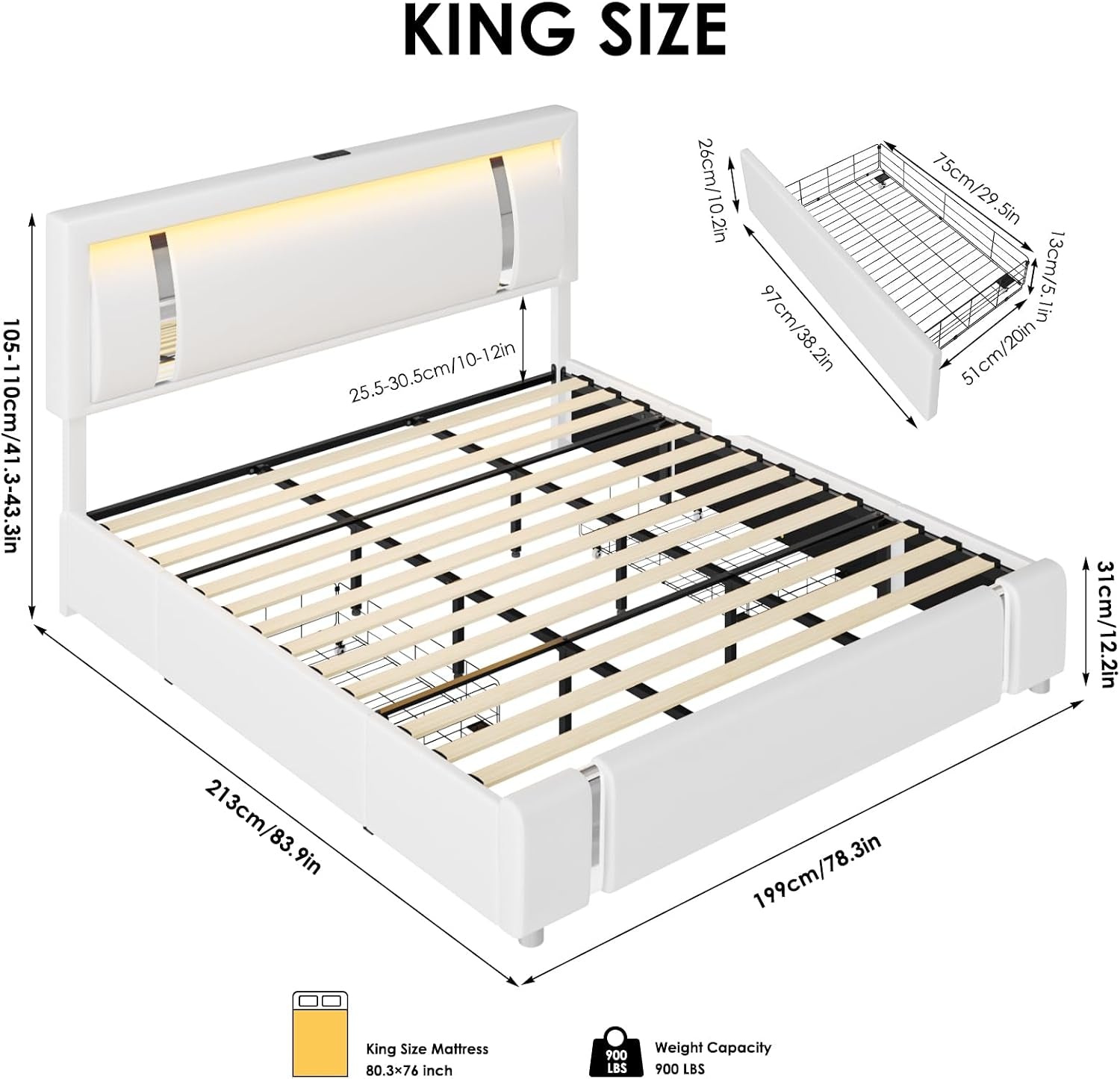King Size Bed Frame with RGB LED Lights & 2 Storage Drawers, Modern Upholstered Platform Bed with Iron Metal Decor, USB Charging Ports, White