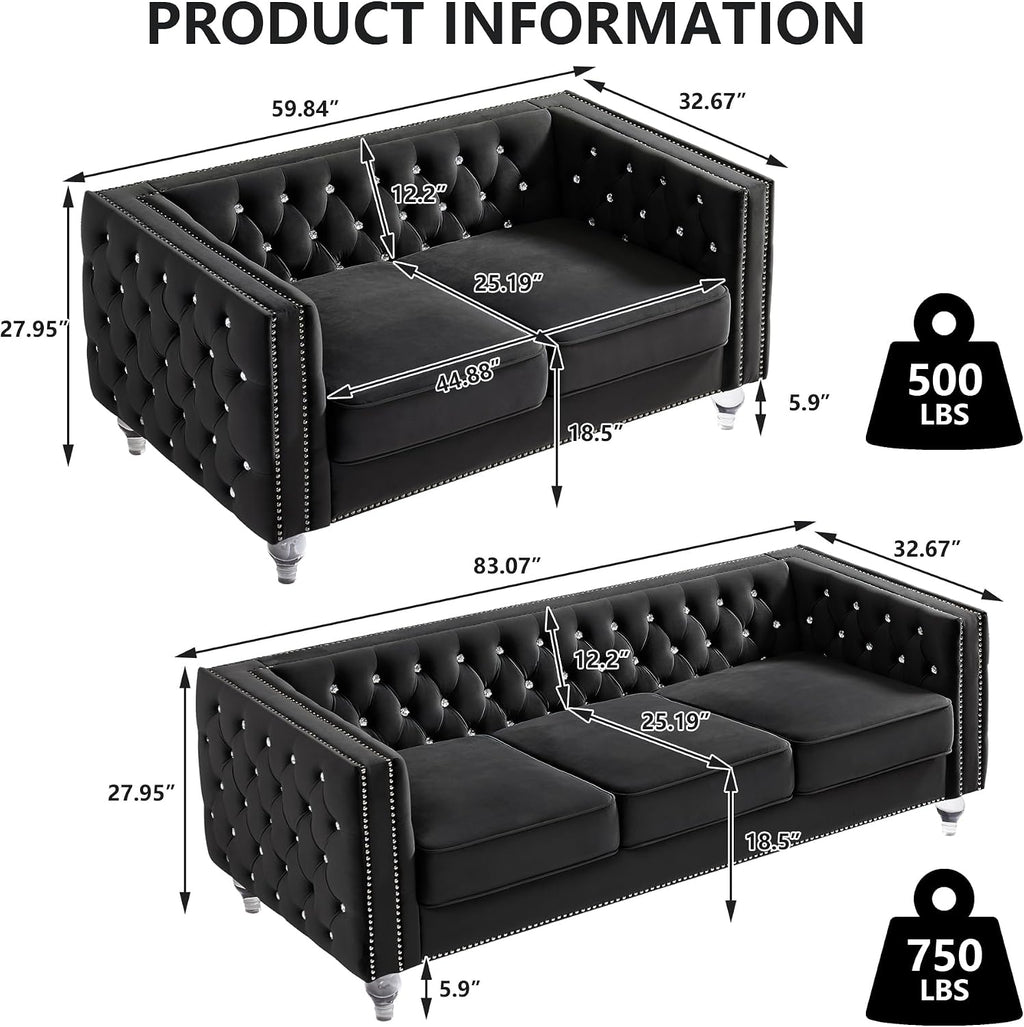 2 Piece Chesterfield Sofa Couch Set for Living Room,Luxury Crystal Button Tufted Sofas with Silver Nailhead Trim Set of 2,Including a Loveseat and a 3 Seater Sofa for Apartment,Velvet Black