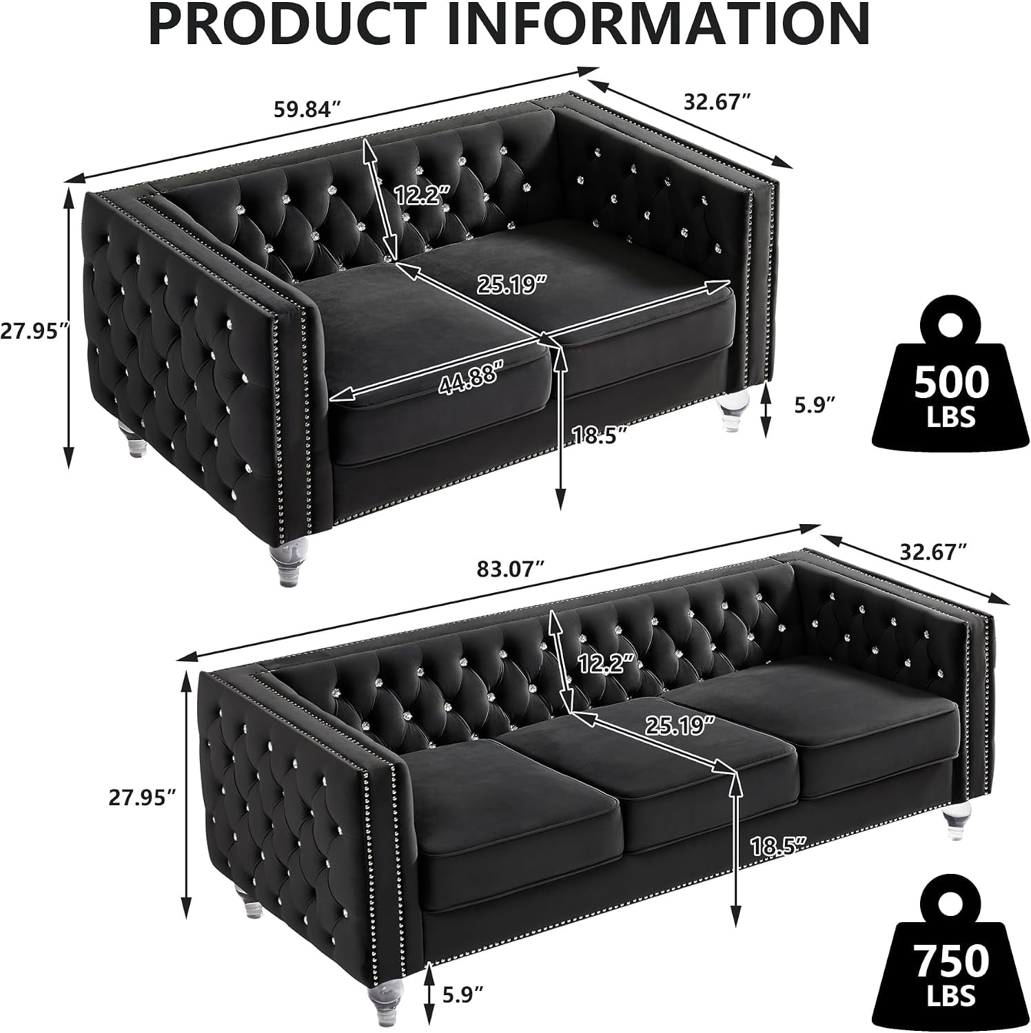 2 Piece Chesterfield Sofa Couch Set for Living Room,Luxury Crystal Button Tufted Sofas with Silver Nailhead Trim Set of 2,Including a Loveseat and a 3 Seater Sofa for Apartment,Velvet Black