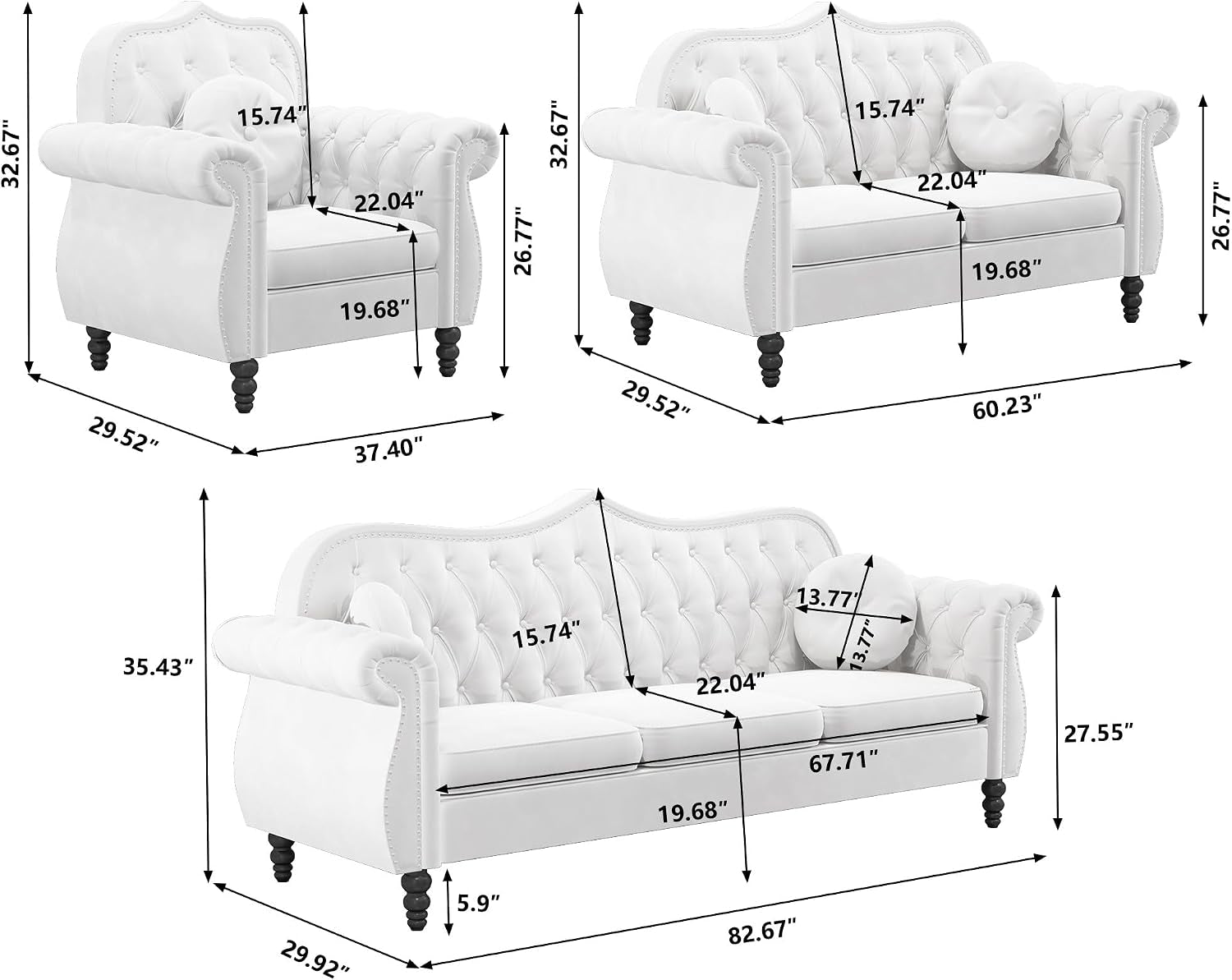 3-Piece Living Room Sectional Sofa Set, Mid-Century Modern Chesterfield Upholstered Velvet Sofa Couch, Classic Tufted Button White Couch with Nailhead Trim for Living Room, Office (White)