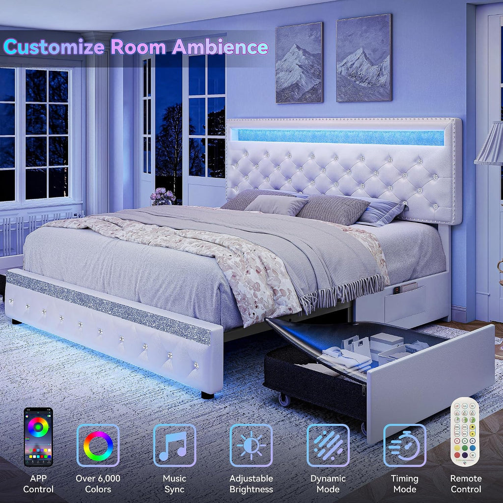 Queen LED Bed Frame with Adjustable Headboard & 2 Drawers, PU White