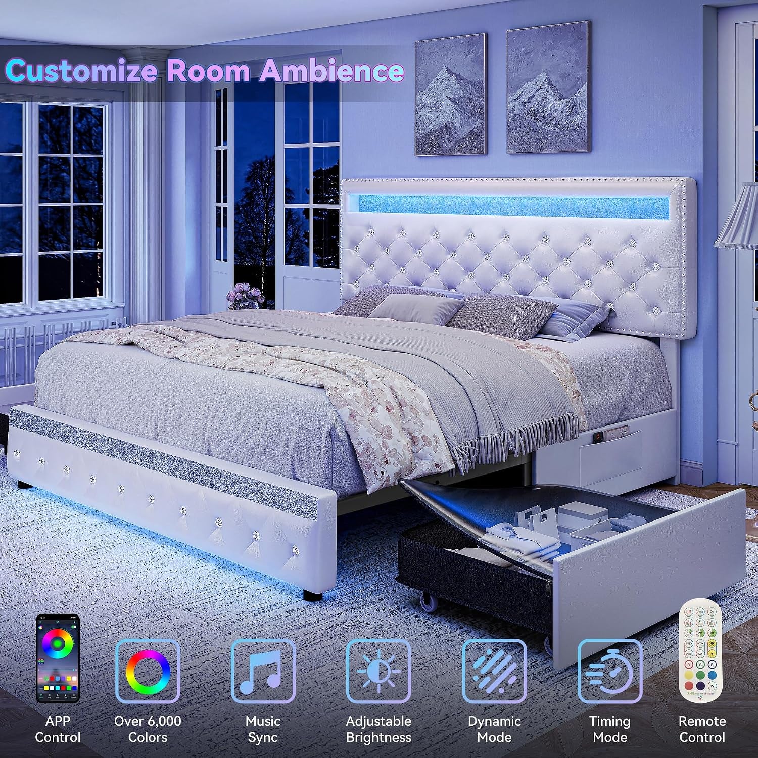 Queen LED Bed Frame with Adjustable Headboard & 2 Drawers, PU White