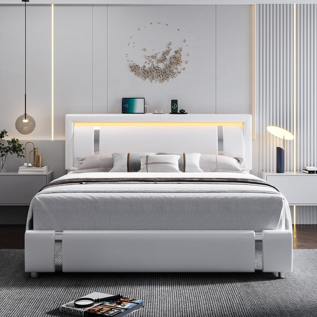 King Size Bed Frame with RGB LED Lights & 2 Storage Drawers, Modern Upholstered Platform Bed with Iron Metal Decor, USB Charging Ports, White