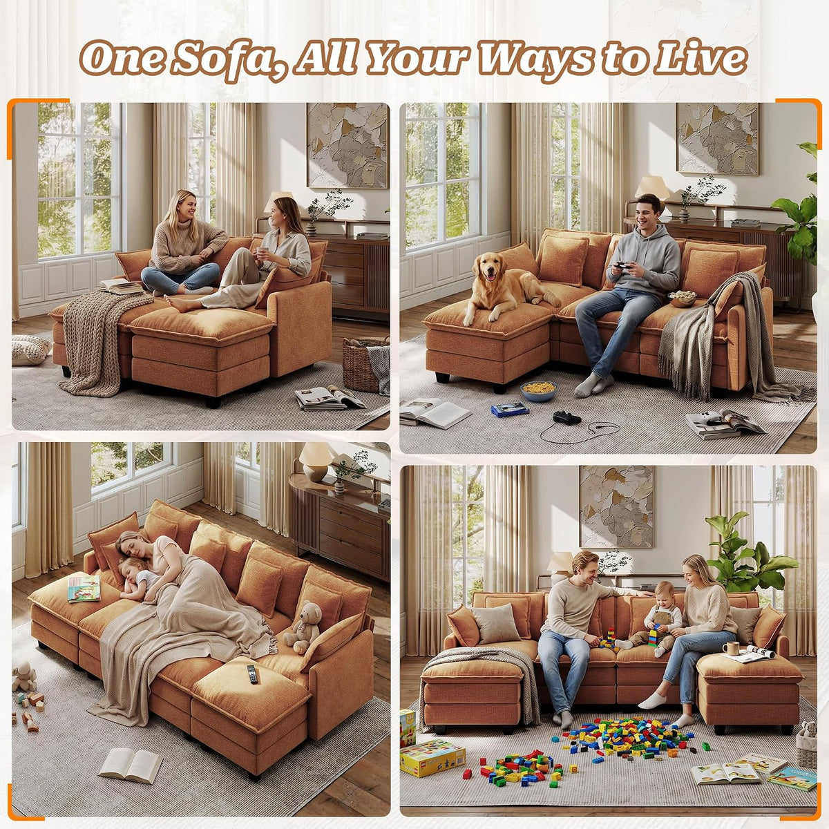 107" Modular Sectional Cloud Sofa, U Shaped 6 Seat Chenille Couch with Movable Ottomans and 48" Deep Seat, Convertible Couches for Living Room, Orange