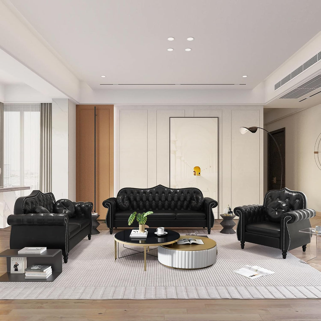 Chesterfield 3-Piece Living Room Sectional Sofa Set, Mid-Century Modern Upholstered PU Sofa Couch, Classic Tufted Button Sofa with Nailhead Trim for Living Room, Office (Black)