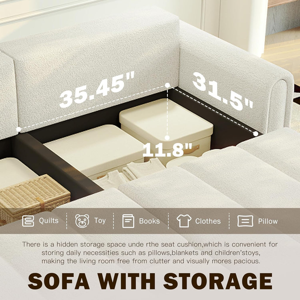 90.2" 4-Seater Modern Convertible Sofa Bed – Teddy Fabric Couch with Storage Seats, King Size 3-In-1 Sleeper Sofa for Living Room, Recliner Couch, Comfortable Sofa Bed for Families & Guests