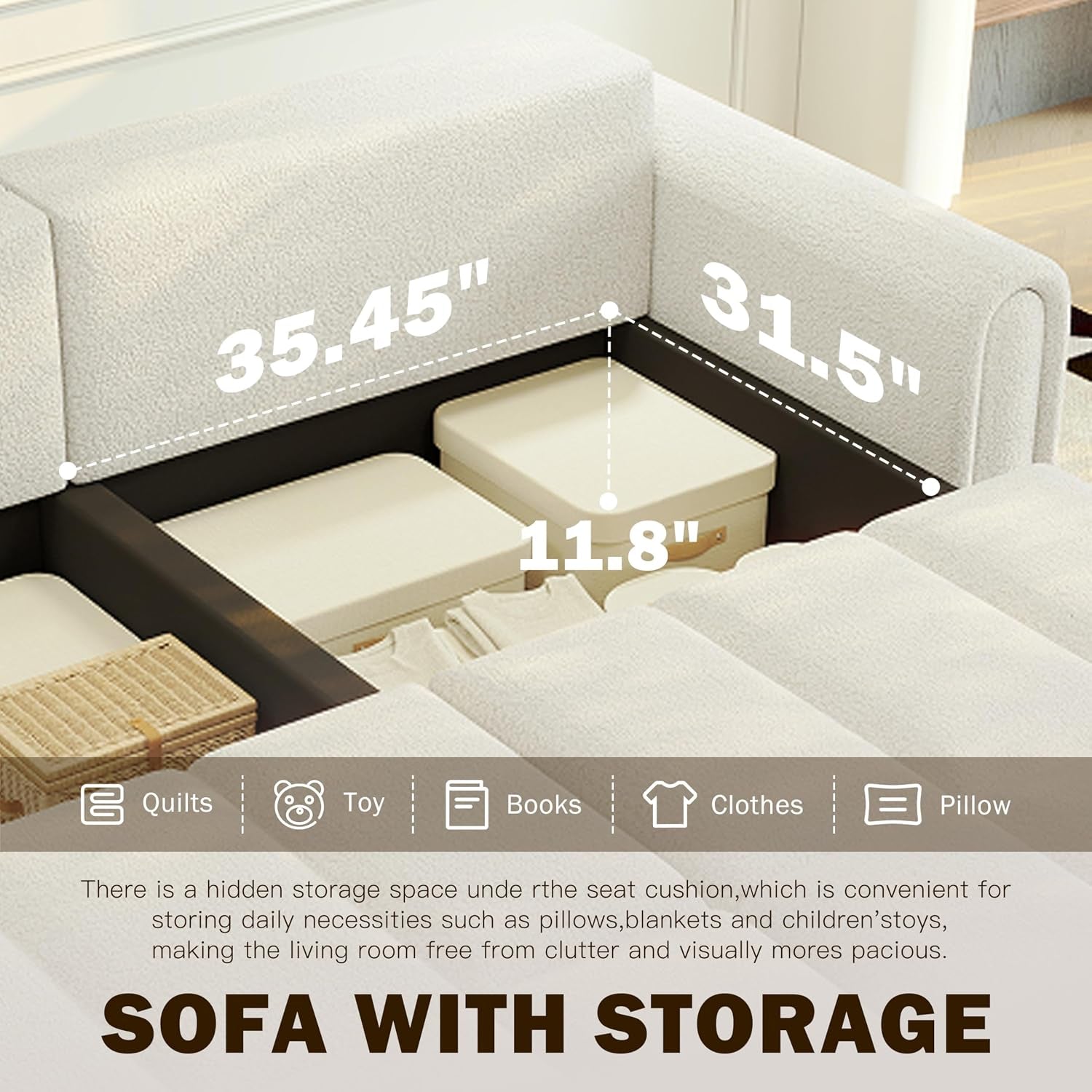 90.2" 4-Seater Modern Convertible Sofa Bed – Teddy Fabric Couch with Storage Seats, King Size 3-In-1 Sleeper Sofa for Living Room, Recliner Couch, Comfortable Sofa Bed for Families & Guests