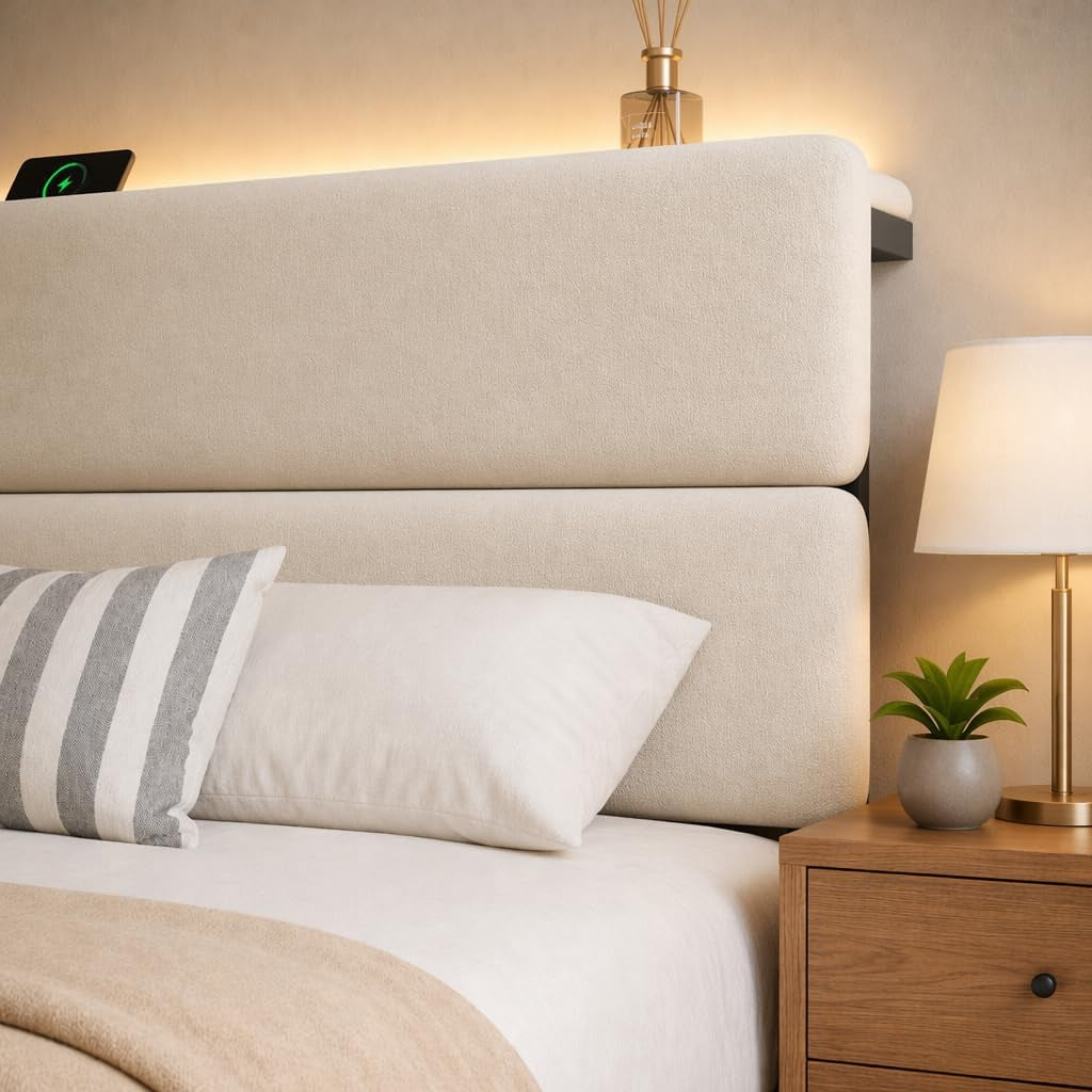 Queen Bed Frame with 2 Storage Drawers, Beige Velvet Upholstered