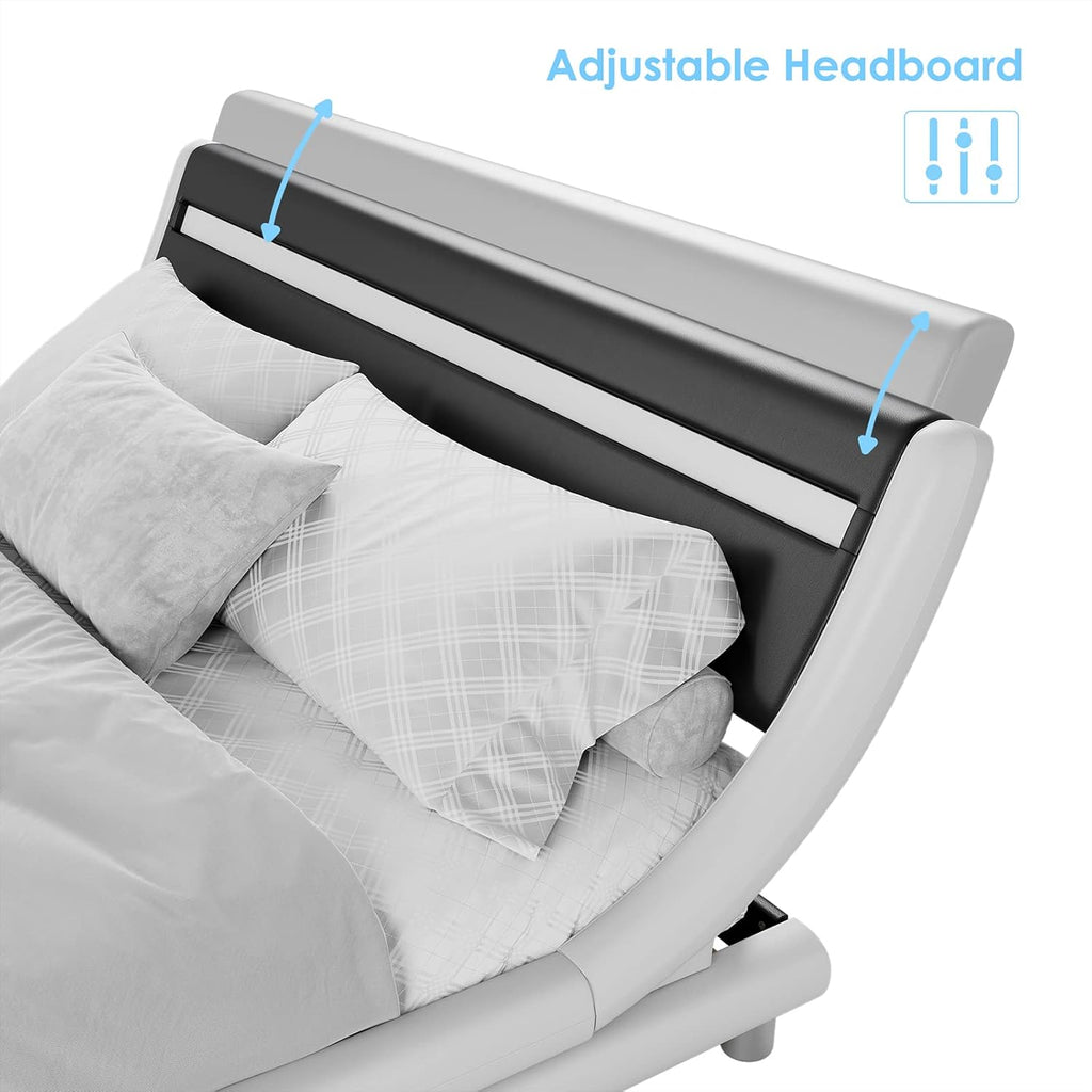 Upholstered Queen LED Bed Frame with Headboard, Modern Low Profile Platform Bed with Strong Slats Support, Faux Leather Wave-Like Bed Frame, Easy Assembly, No Box Spring Needed, Blackwhite