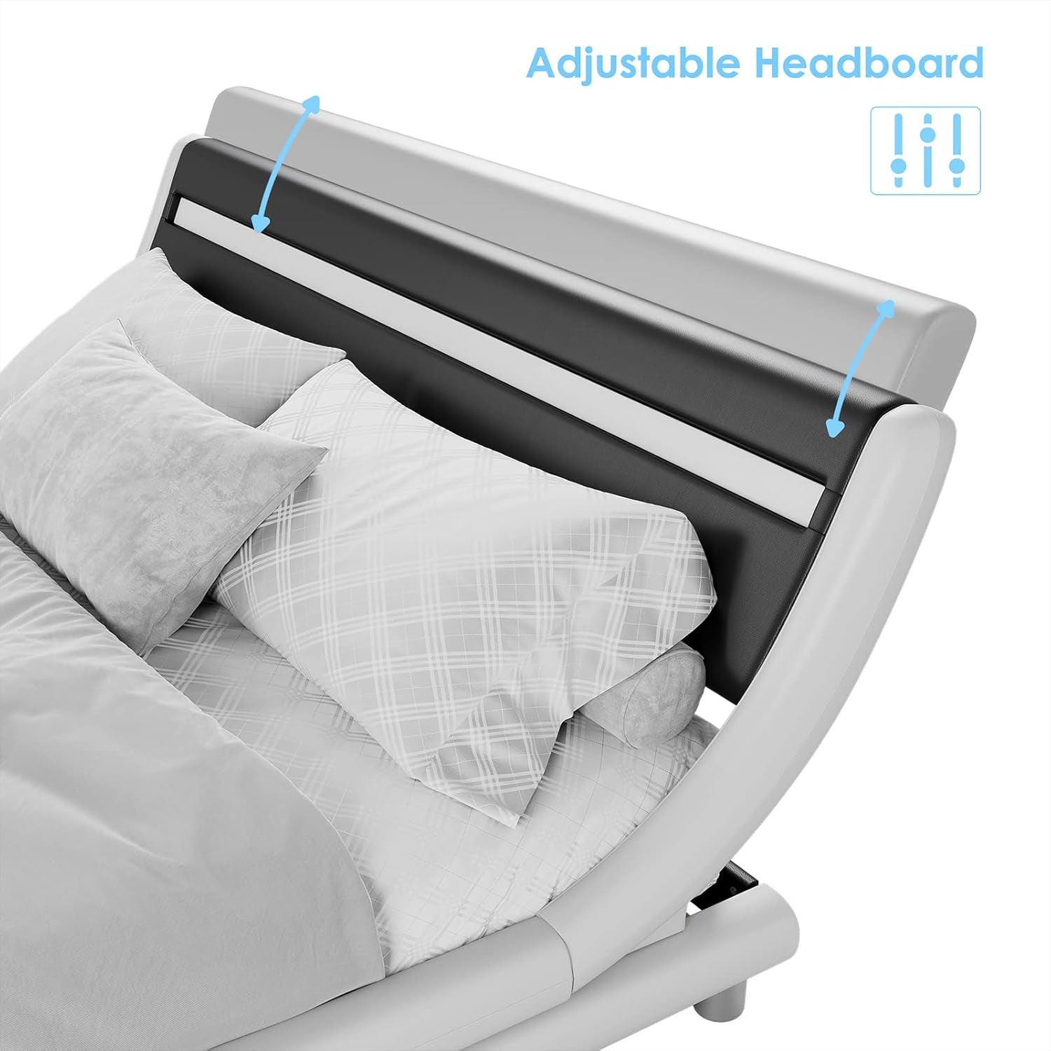 Upholstered Queen LED Bed Frame with Headboard, Modern Low Profile Platform Bed with Strong Slats Support, Faux Leather Wave-Like Bed Frame, Easy Assembly, No Box Spring Needed, Blackwhite