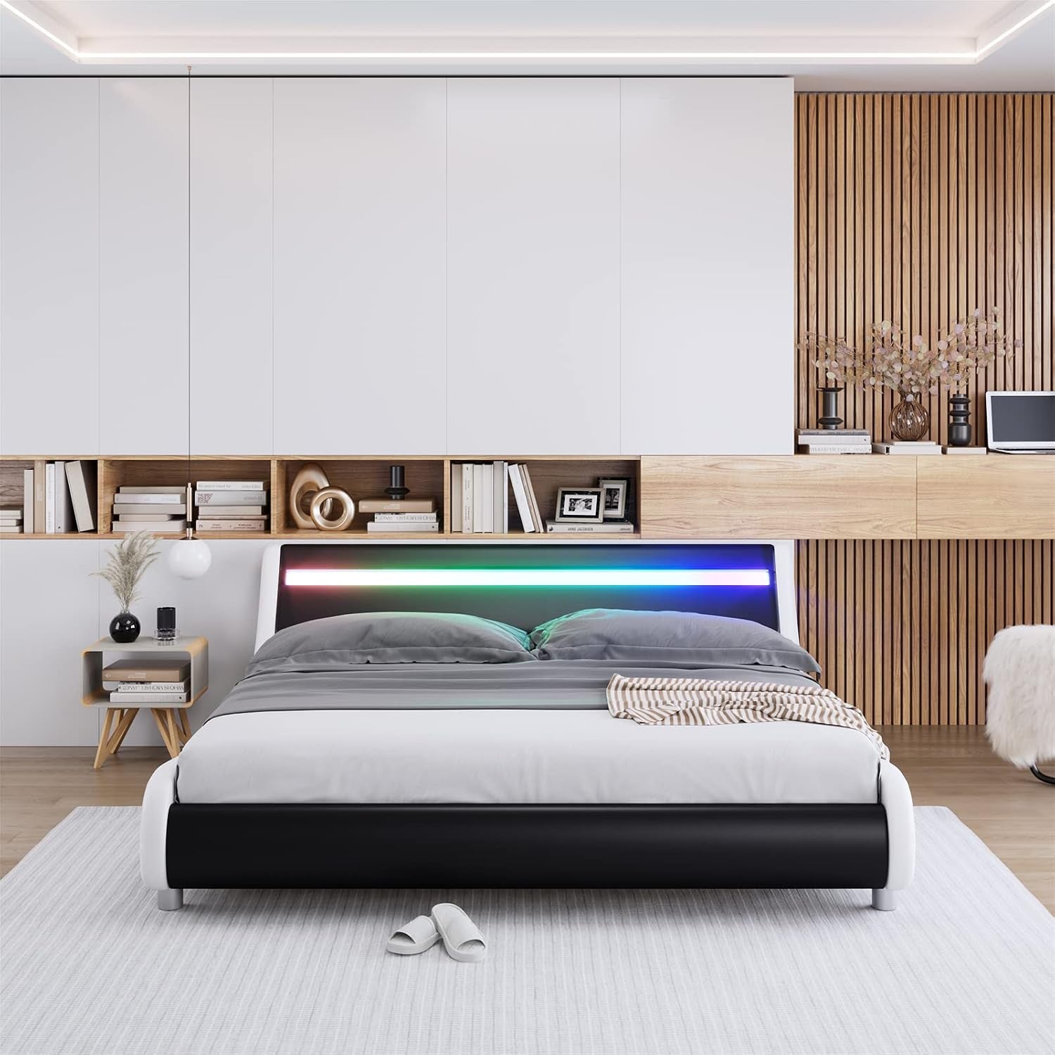 Upholstered Queen LED Bed Frame with Headboard, Modern Low Profile Platform Bed with Strong Slats Support, Faux Leather Wave-Like Bed Frame, Easy Assembly, No Box Spring Needed, Blackwhite
