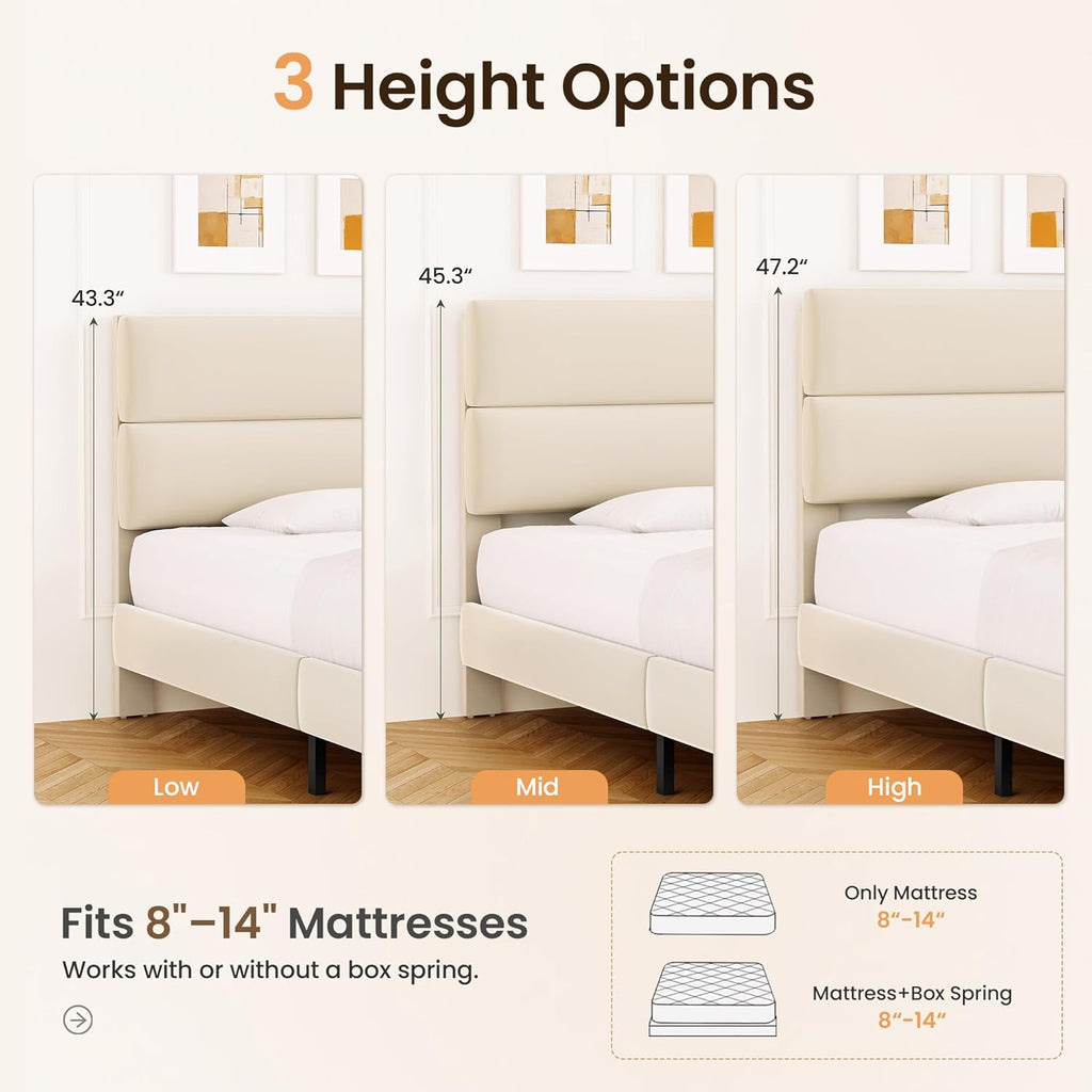 Queen Size Platform Bed Frame with Velvet Headboard, Adjustable Height Wooden Slats Support, Upholstered Mattress Foundation, Fits Mattress or Mattress with Box Spring, Easy Assembly, Beige
