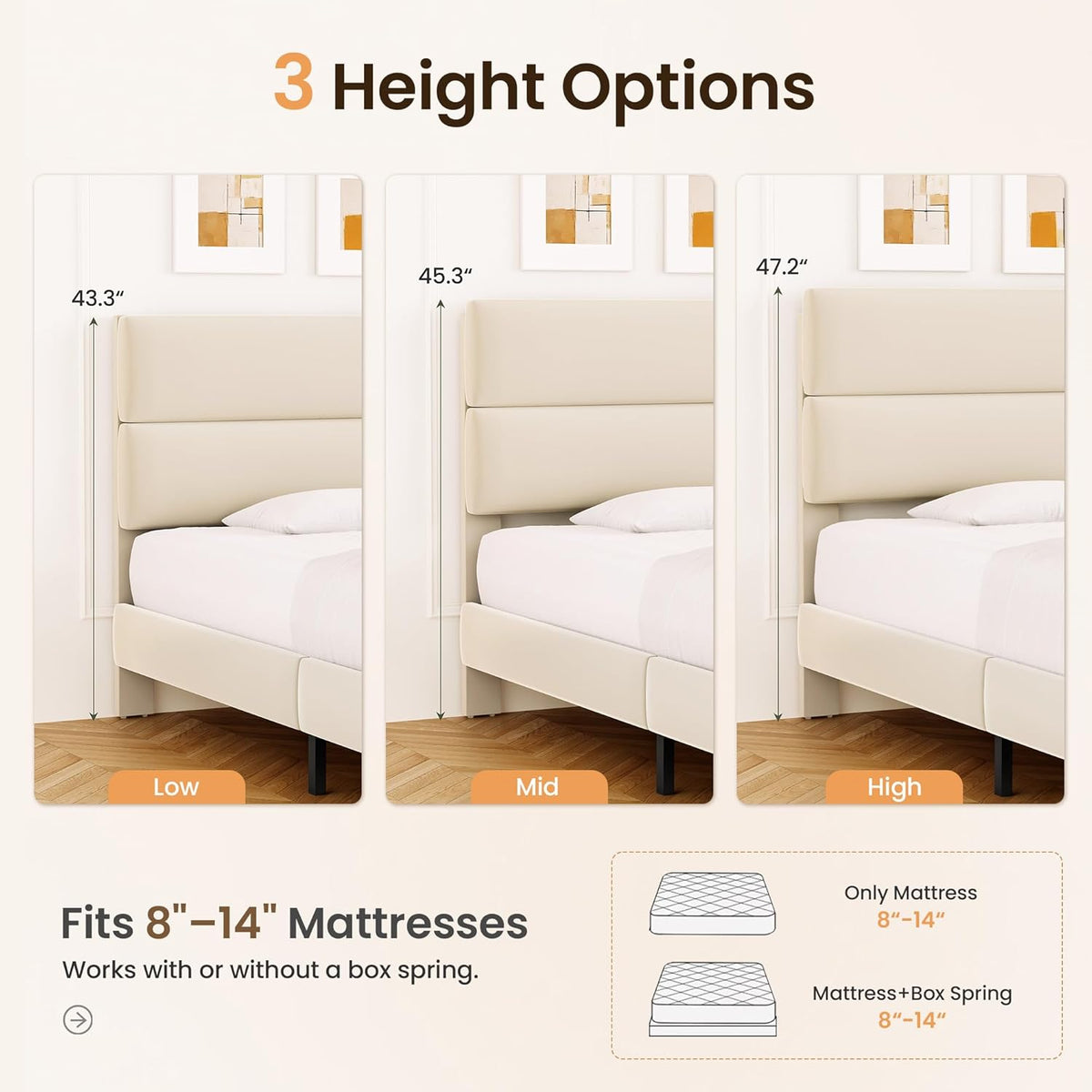 Queen Size Platform Bed Frame with Velvet Headboard, Adjustable Height Wooden Slats Support, Upholstered Mattress Foundation, Fits Mattress or Mattress with Box Spring, Easy Assembly, Beige