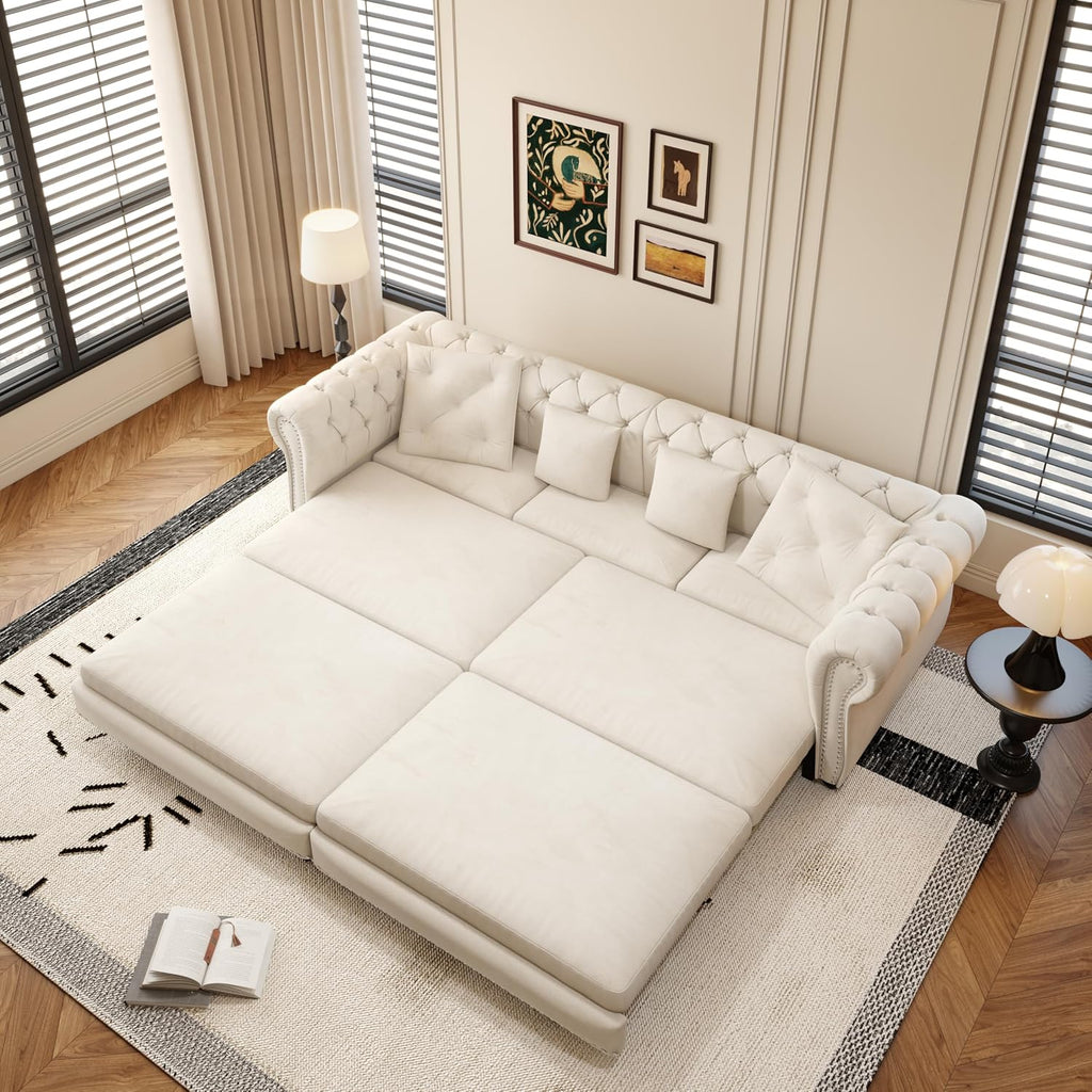 89" King Size Sleeper Sofa Bed, 3-In-1 Convertible Pull Out Chesterfield Sleeper Couch with Ottoman, Oversized Velvet Button Tufted L Shaped Sofa for Living Room Small Spaces, Beige White