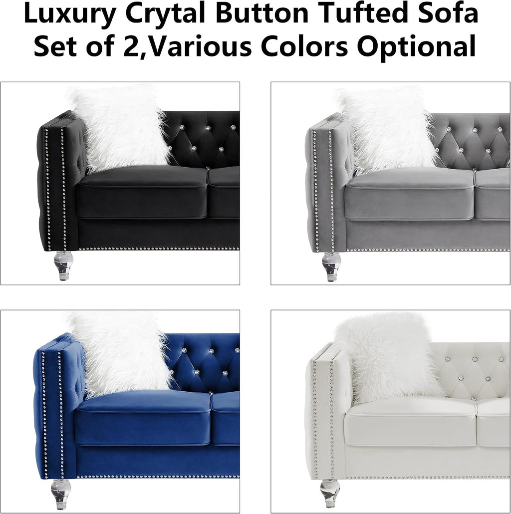 2 Piece Chesterfield Sofa Couch Set for Living Room,Luxury Crystal Button Tufted Sofas with Silver Nailhead Trim Set of 2,Including a Loveseat and a 3 Seater Sofa for Apartment,Velvet Black
