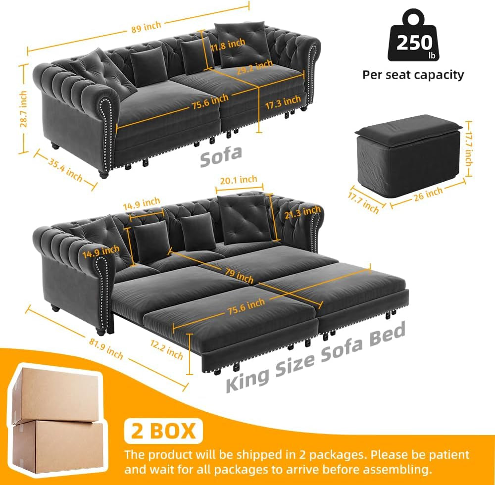 89" King Size Sleeper Sofa Bed, 3-In-1 Convertible Pull Out Chesterfield Sleeper Couch with Ottoman, Oversized Velvet Button Tufted L Shaped Sofa for Living Room Small Spaces, Grey
