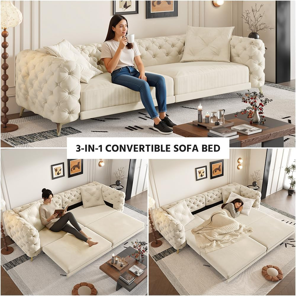 97.7" King Size Sleeper Sofa Bed, 3-In-1 Convertible Pull Out Chesterfield Sleeper Couch with Ottoman, Oversized Velvet Button Tufted L Shaped Sofa for Living Room Small Spaces, Beige White