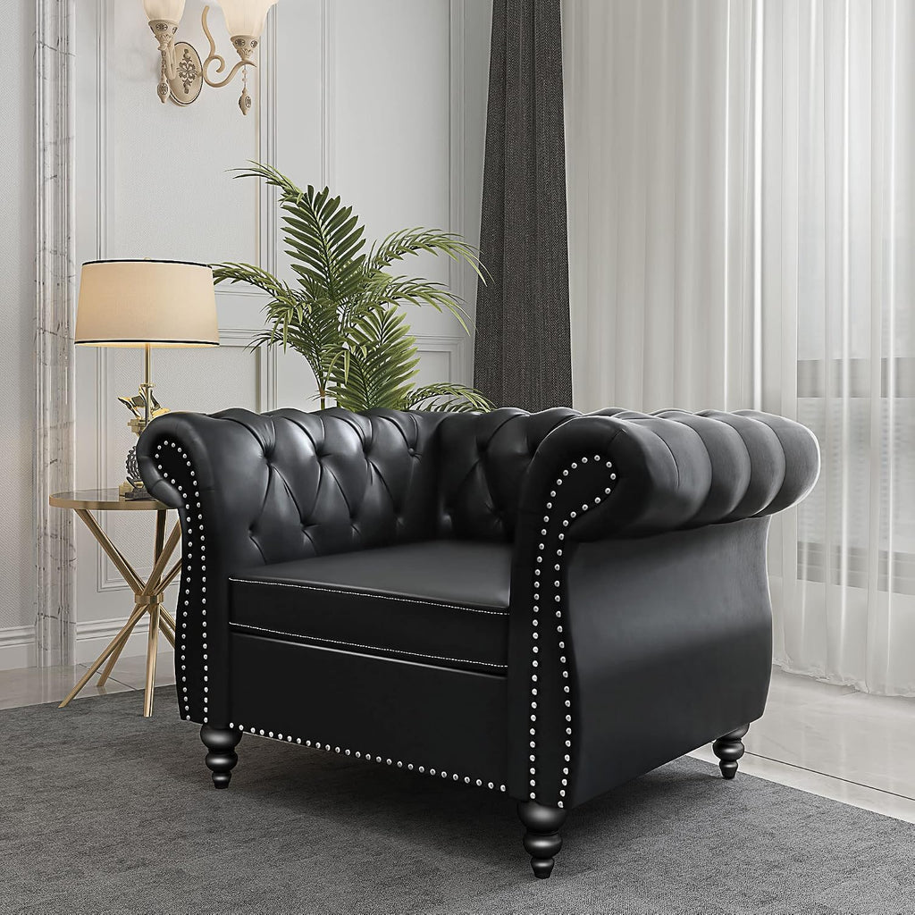 3-Piece Living Room Sectional Sofa Set, Upholstered Sofa Modern Sofa Couches Set Style Button Tufted, PU Chesterfield Sofa for Living Room Apartment, 1+2+3 Seat PU Black