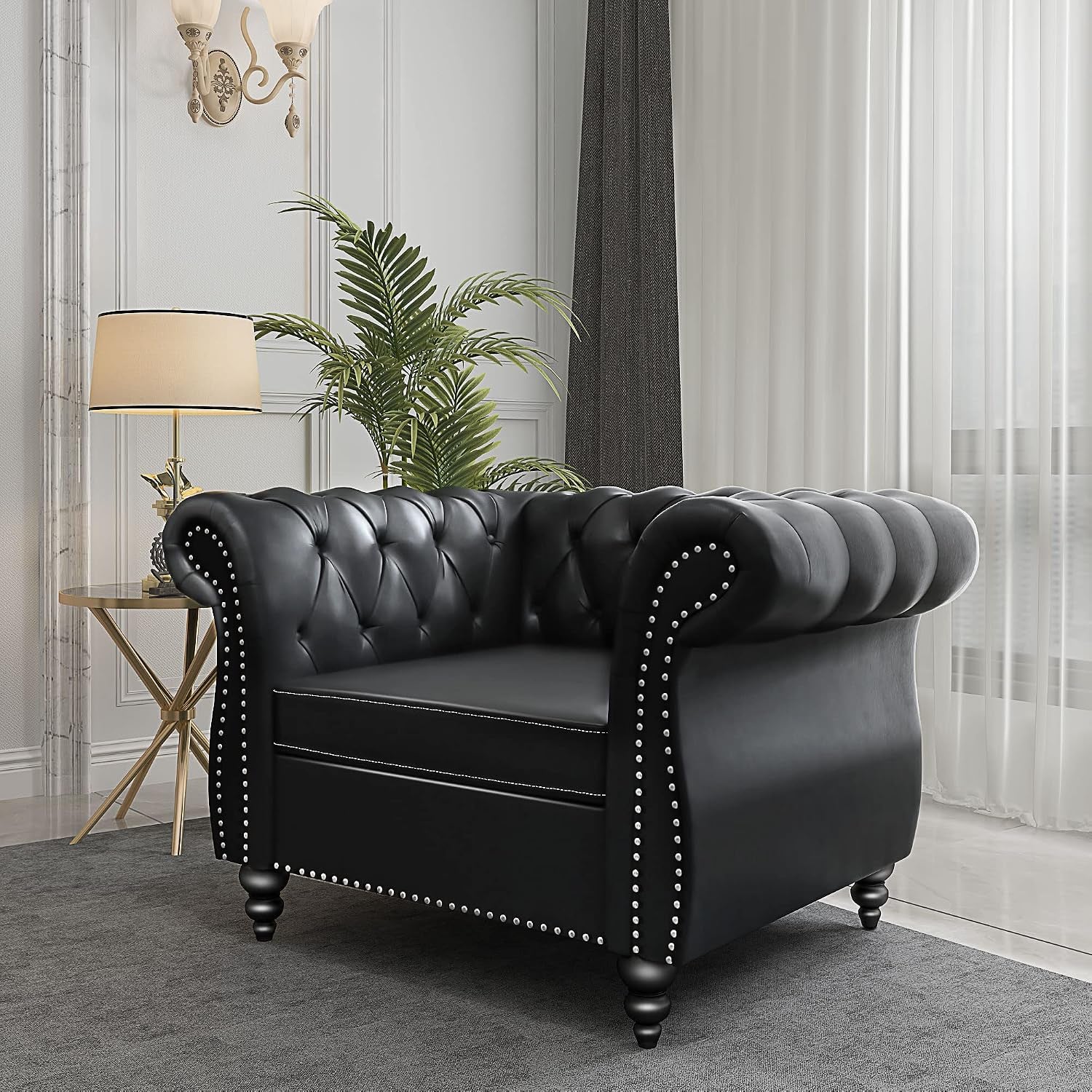 3-Piece Living Room Sectional Sofa Set, Upholstered Sofa Modern Sofa Couches Set Style Button Tufted, PU Chesterfield Sofa for Living Room Apartment, 1+2+3 Seat PU Black