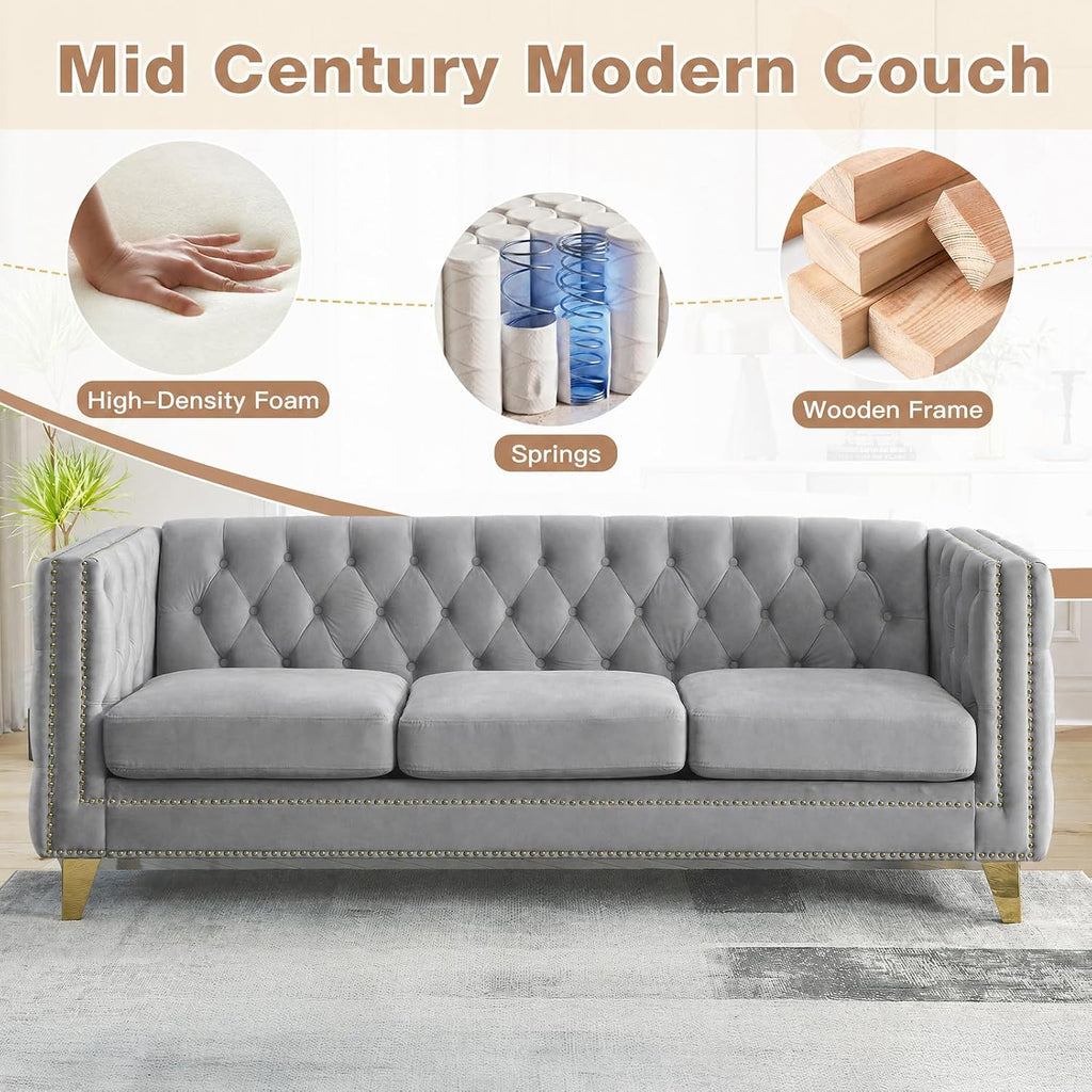 2 Piece Chesterfield Sofa, Velvet Couch and Loveseat Sets with Buttons Tufted, Mid Century Modern Couch with Nailhead Trim & Armrest, Couches for Living Room, Bedroom, Apartment(Grey,58''W+80.5''W)
