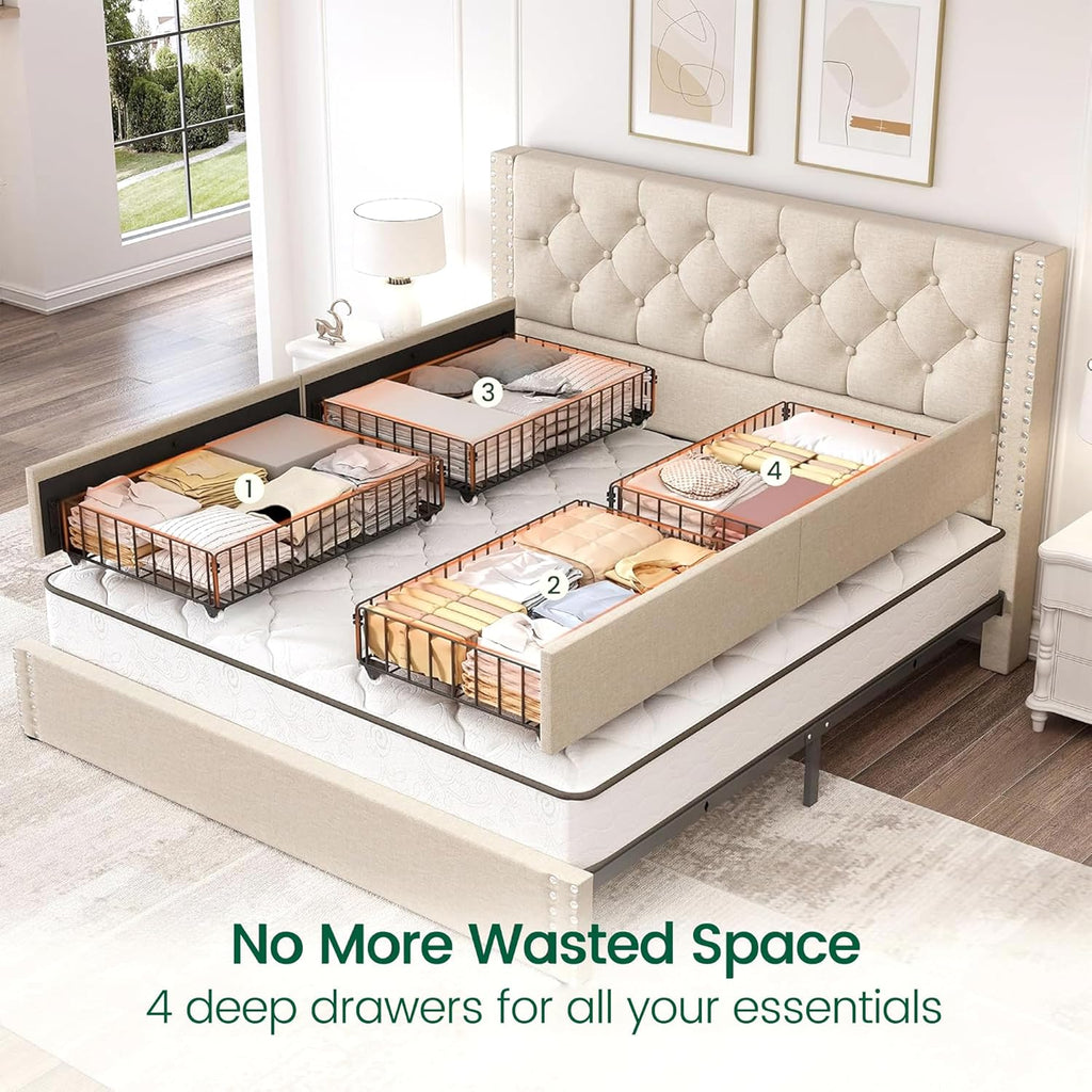 Queen Size Bed Frame with 4 Storage Drawers and Tufted Headboard Linen Upholstered Platform Bed Frame with Heavy Duty Wood Slats, No Box Spring Needed, Easy Assembly, Beige