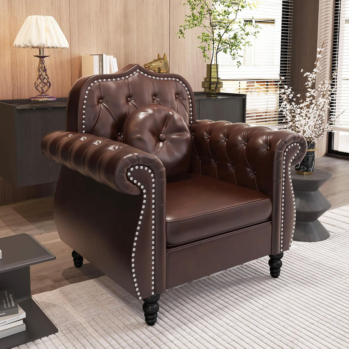 Chesterfield 2-Piece Living Room Sectional Sofa Set, Mid-Century Modern Upholstered PU Sofa Couch, Classic Tufted Button Sofa with Nailhead Trim for Living Room, Office (1+3 Seat Brown)