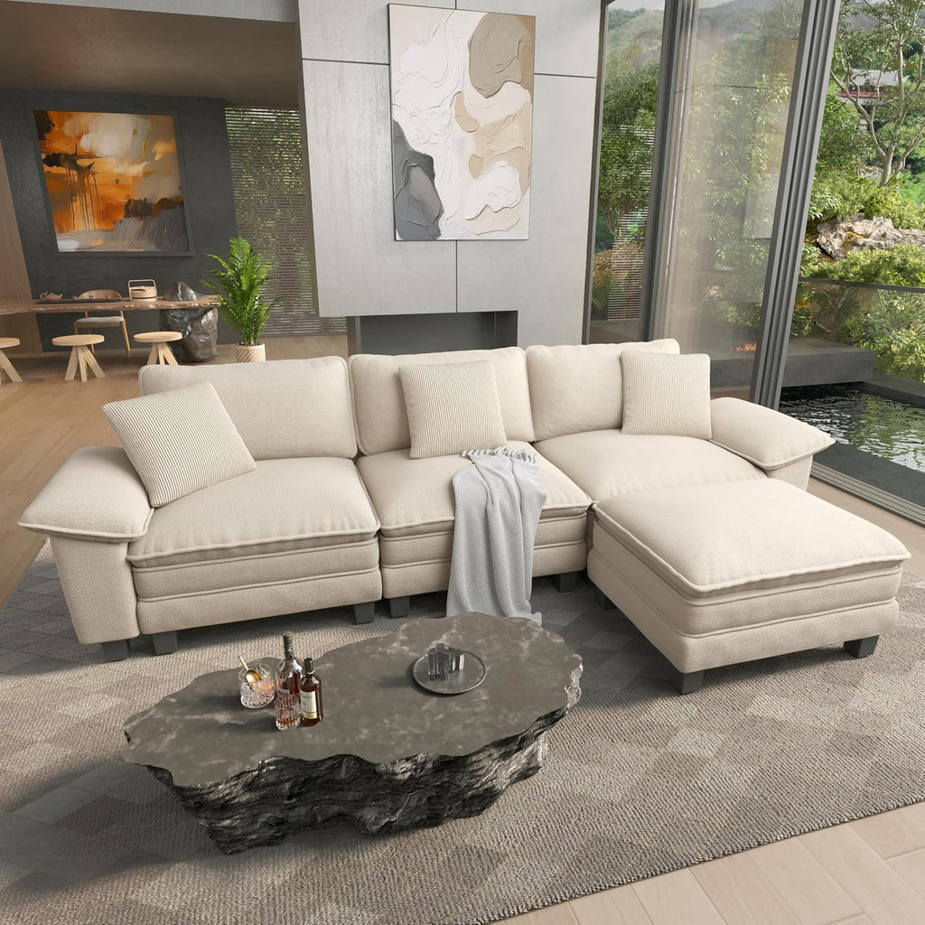 124" Oversized Modular Sectional L Shaped Sofa,Chenille White