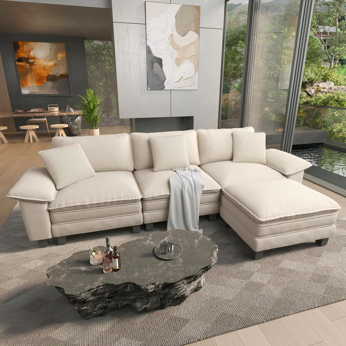 124" Oversized Modular Sectional L Shaped Sofa,Chenille White
