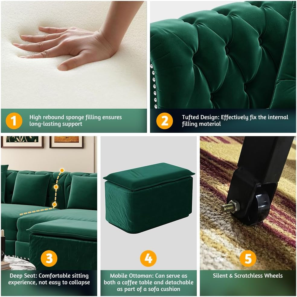 89" King Size Sleeper Sofa Bed, 3-In-1 Convertible Pull Out Chesterfield Sleeper Couch with Ottoman, Oversized Velvet Button Tufted L Shaped Sofa for Living Room Small Spaces (Green)