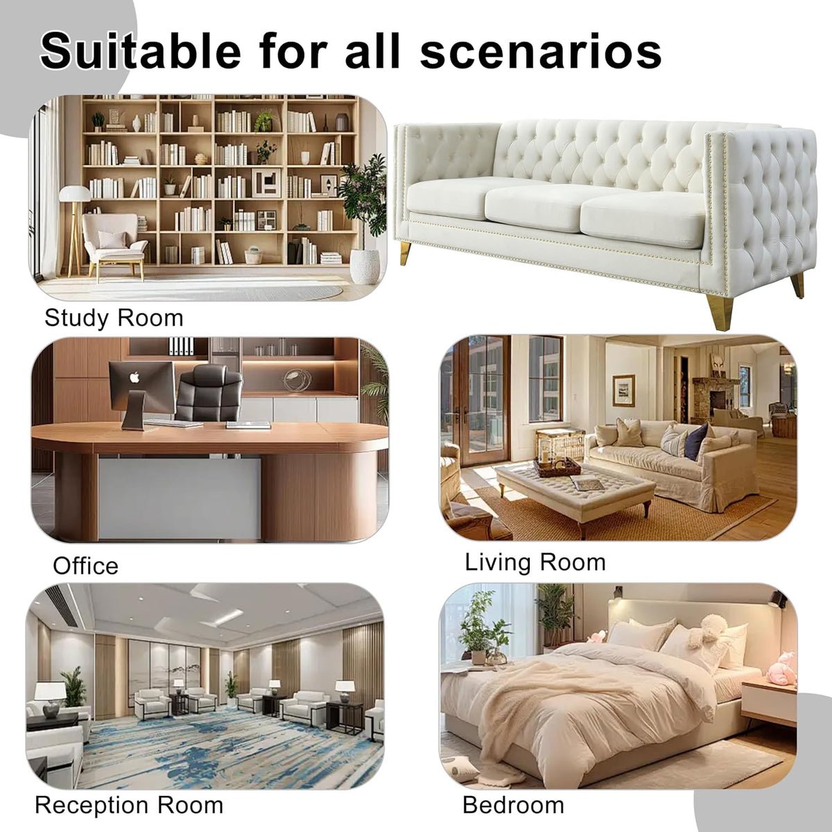 2 Pieces Beige 81" 3-Seater Velvet Sofa Set, Buttons Tufted and Square Arm, Inlaid Gold Nail Heads and 4 Golden Metal Legs for Living Room
