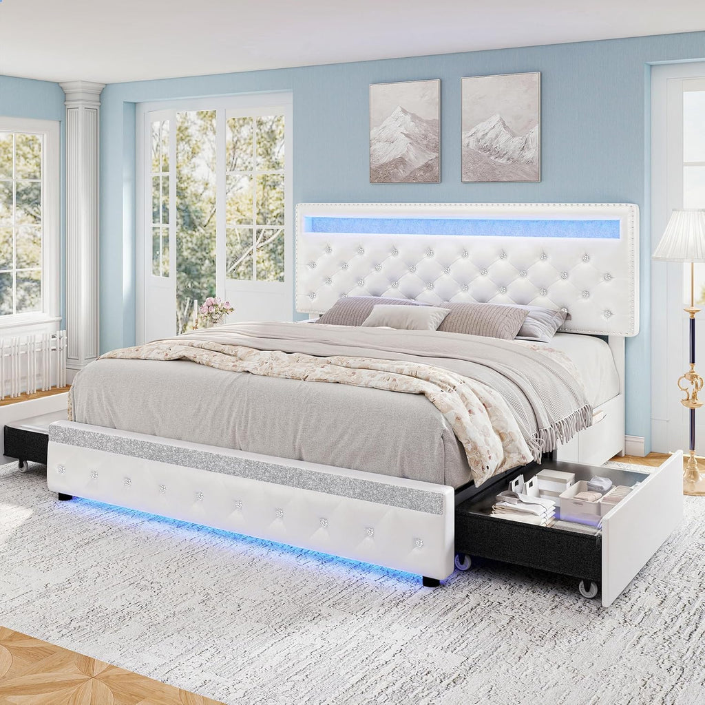 Queen LED Bed Frame with Adjustable Headboard & 2 Drawers, PU White