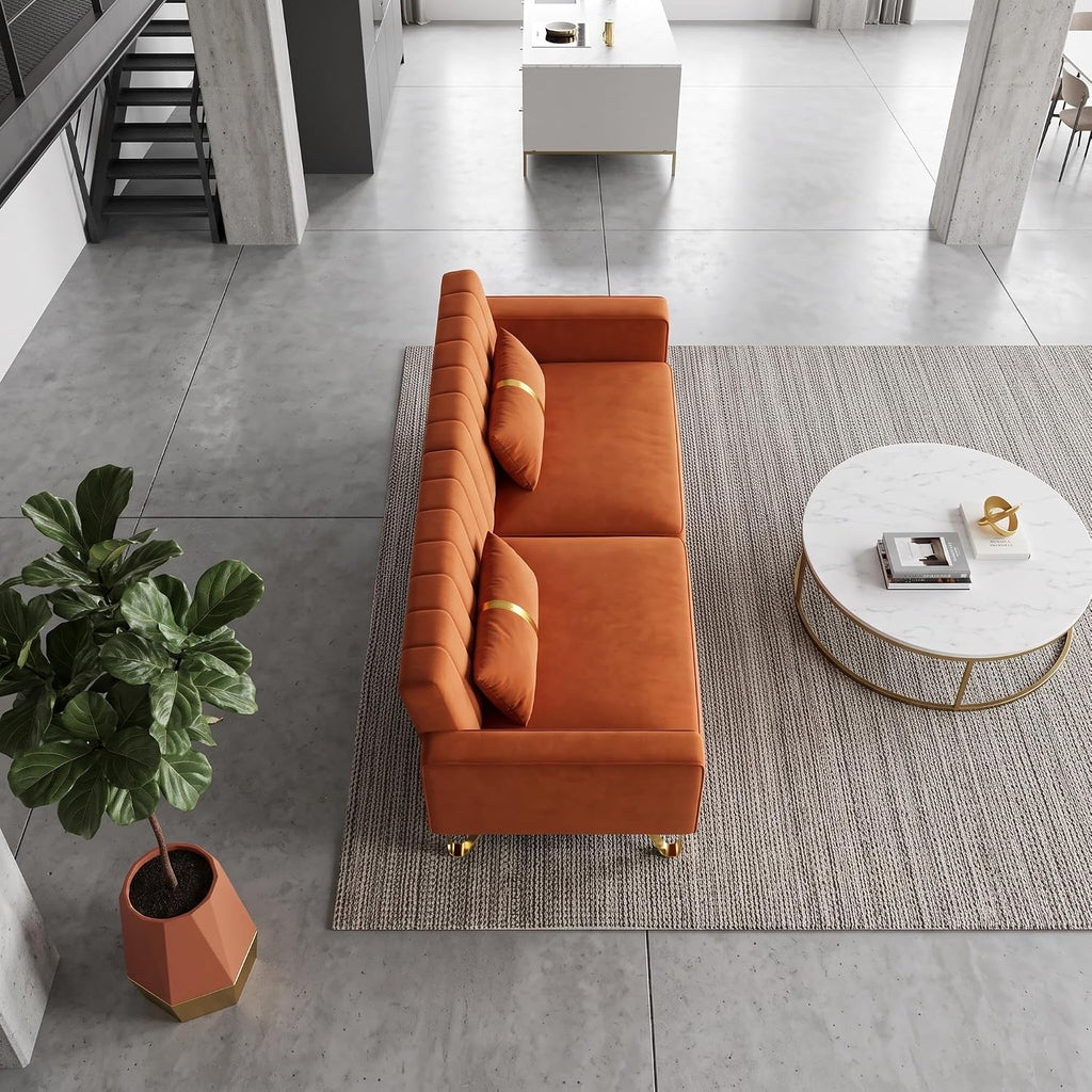 Loveseat Sofa for Living Room Set of 2, 2 Pcs 86" 3-Seater Velvet Sofa Couch with 2 Pillows & Gold Metal Legs, Modern Upholstered Sectional Love Seat Couch Set for Bedroom Apartment Home Office Orange