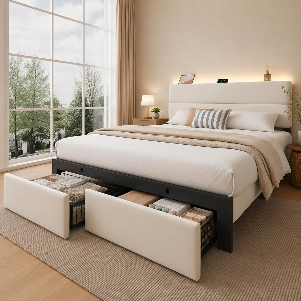 Queen Bed Frame with 2 Storage Drawers, Beige Velvet Upholstered